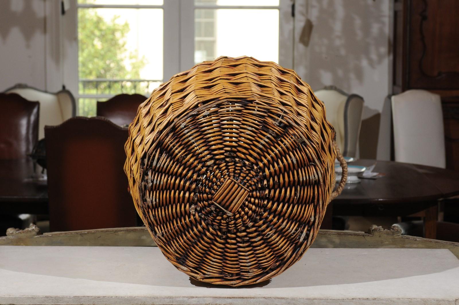 Rustic French Wicker Basket with Single Lateral Handle and Diagonal Patterns 8