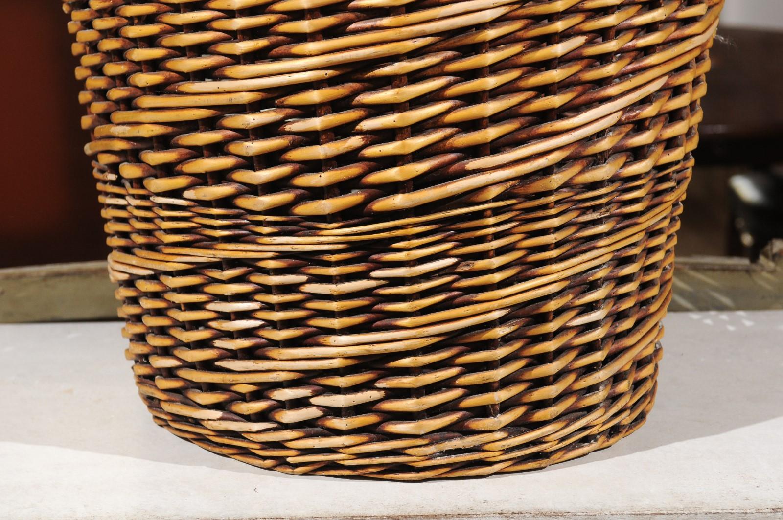 Rustic French Wicker Basket with Single Lateral Handle and Diagonal Patterns 1