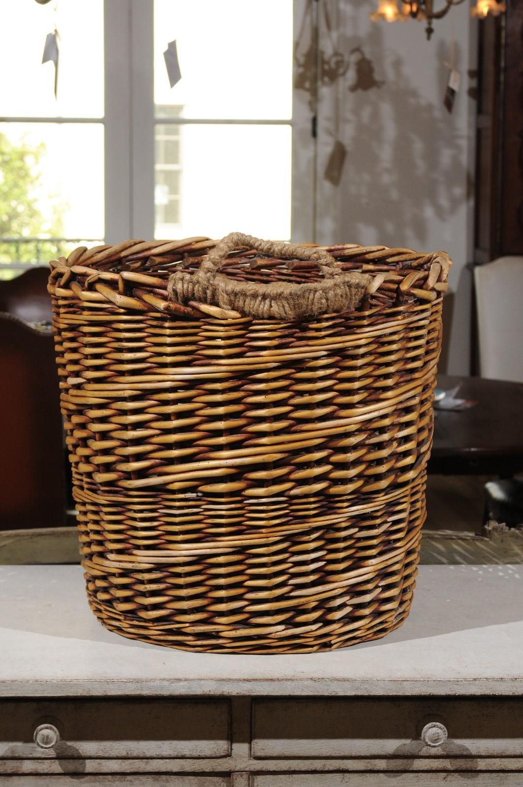 Rustic French Wicker Basket with Single Lateral Handle and Diagonal Patterns 2