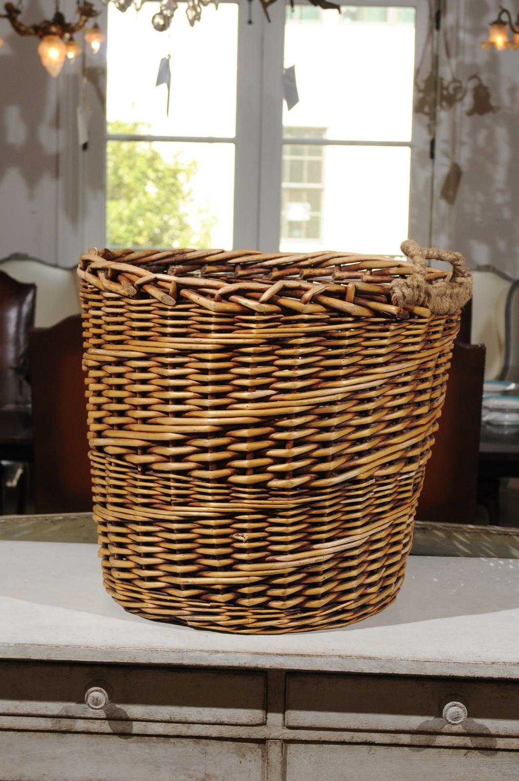 Rustic French Wicker Basket with Single Lateral Handle and Diagonal Patterns 3