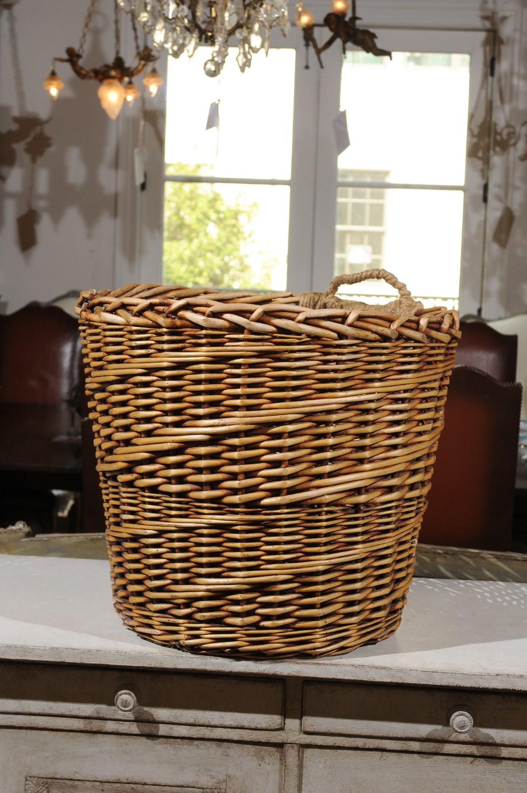 Rustic French Wicker Basket with Single Lateral Handle and Diagonal Patterns 4
