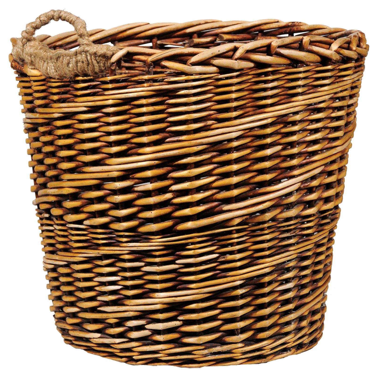 Rustic French Wicker Basket with Single Lateral Handle and Diagonal Patterns