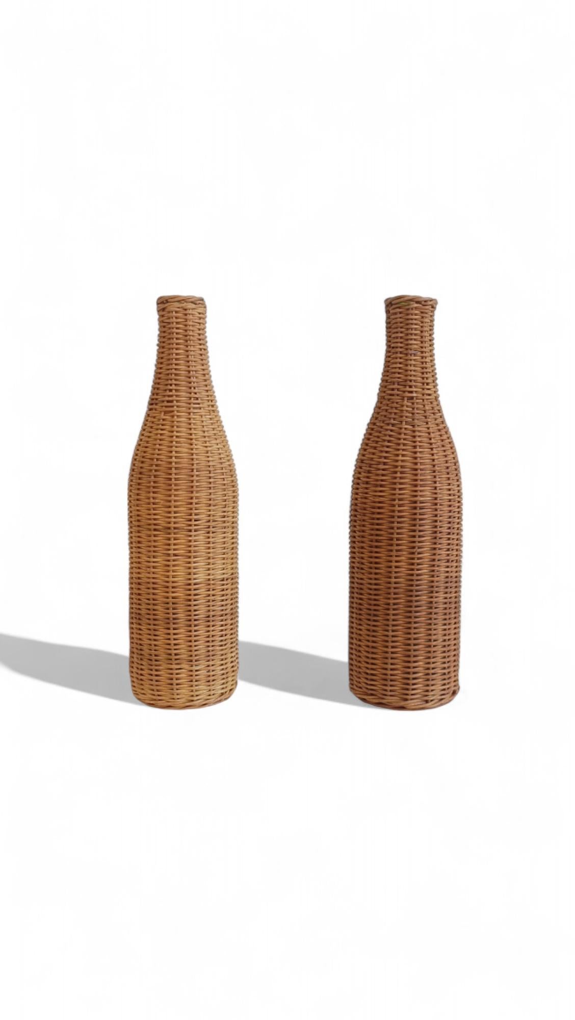 Rustic French Wicker Covering Pair of Glass Bottles, c. Mid-20th-C For Sale 5