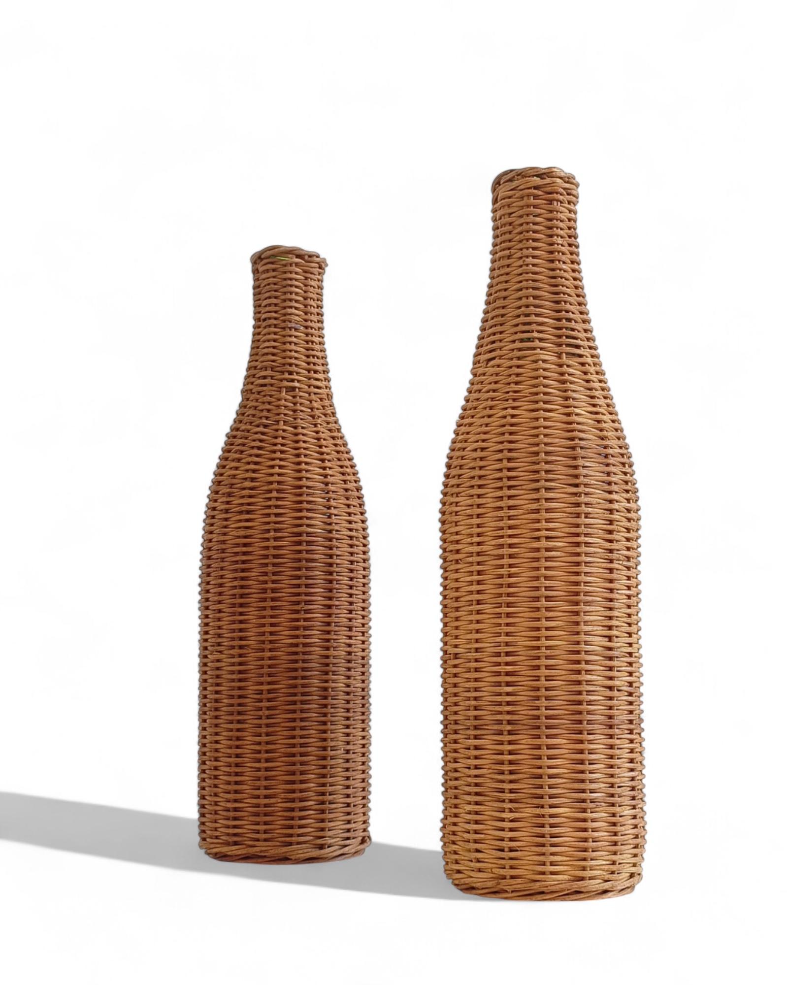 Rustic French Wicker Covering Pair of Glass Bottles, c. Mid-20th-C For Sale 6
