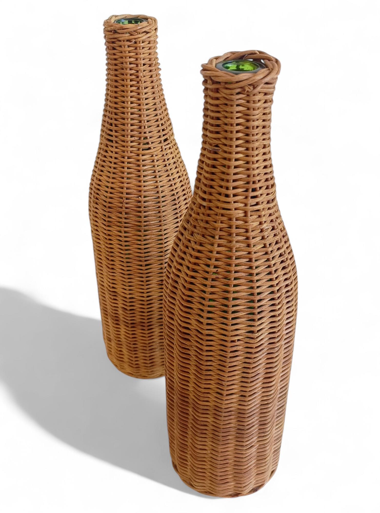 Rustic French Wicker Covering Pair of Glass Bottles, c. Mid-20th-C For Sale 8