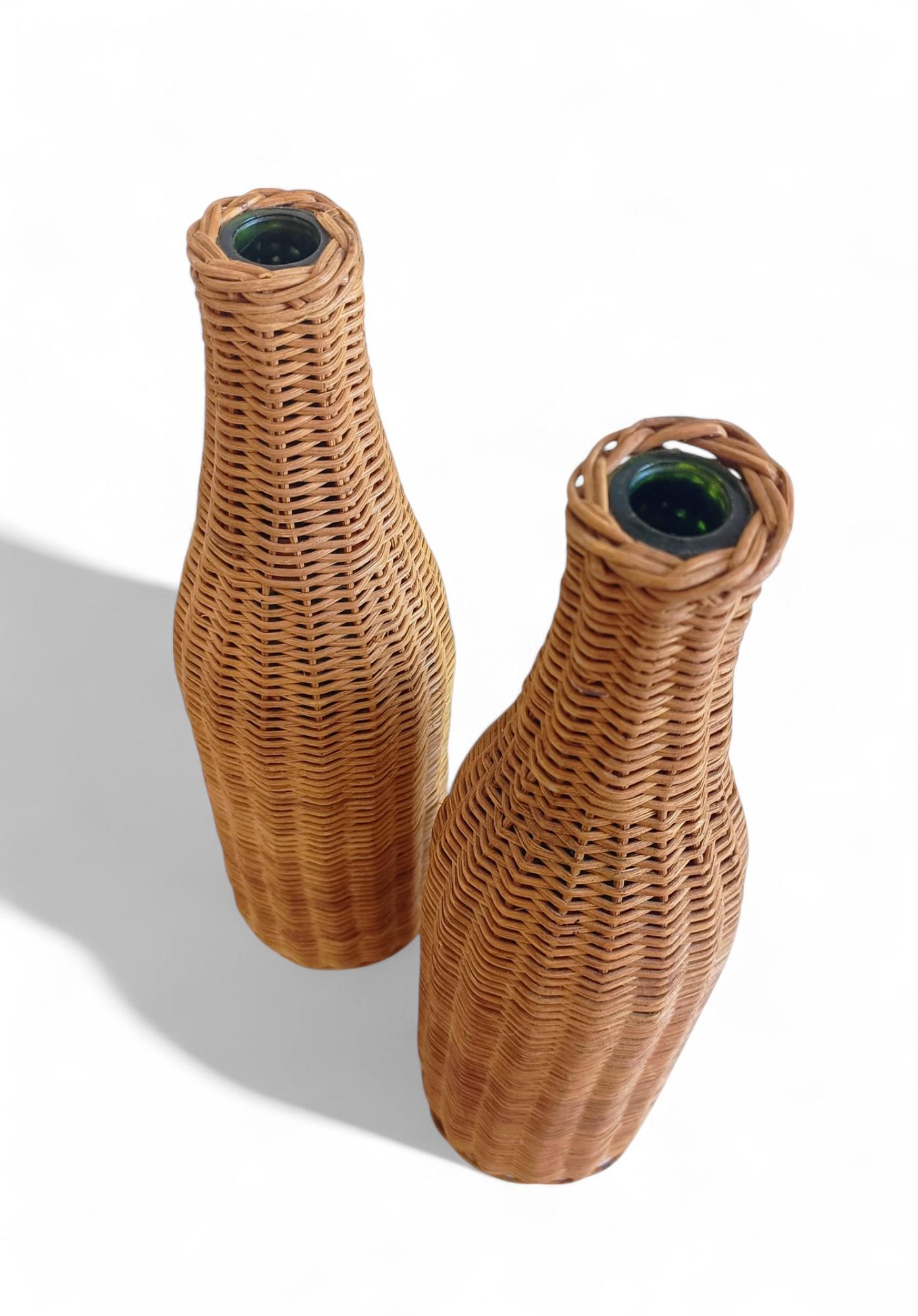 Rustic French Wicker Covering Pair of Glass Bottles, c. Mid-20th-C For Sale 9