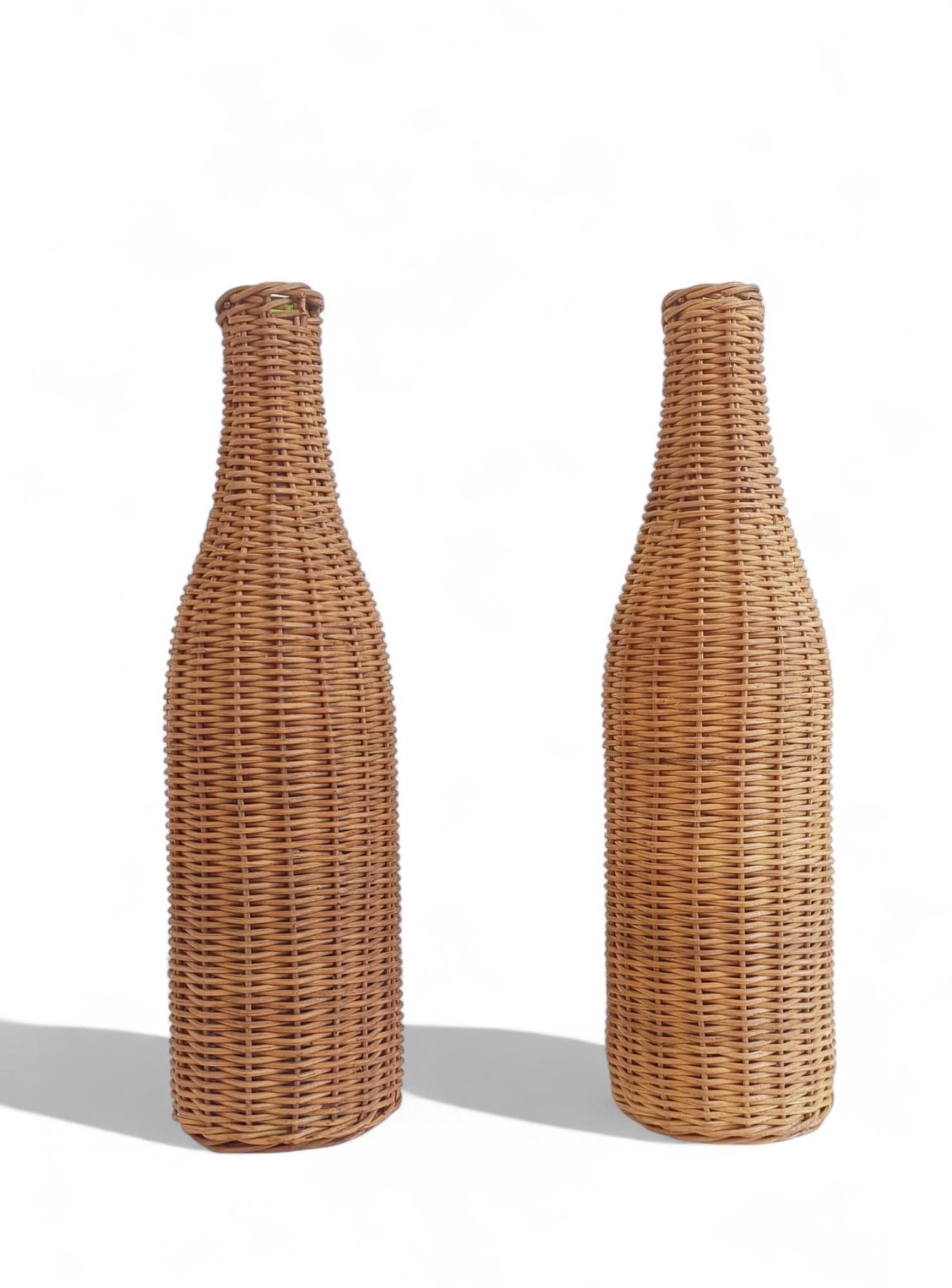 Rustic French Wicker Covering Pair of Glass Bottles, c. Mid-20th-C For Sale 10