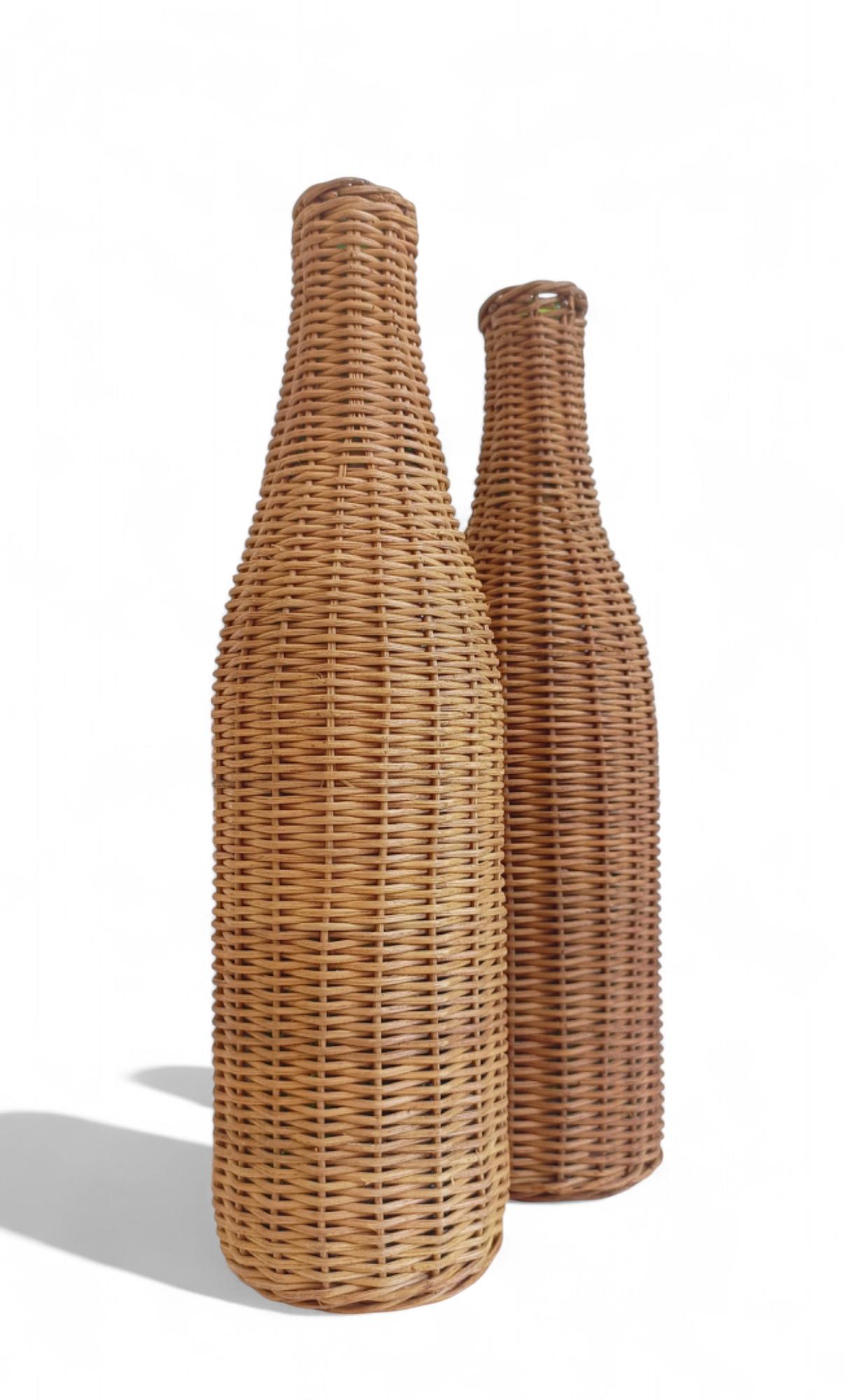 Rustic French Wicker Covering Pair of Glass Bottles, c. Mid-20th-C For Sale 12