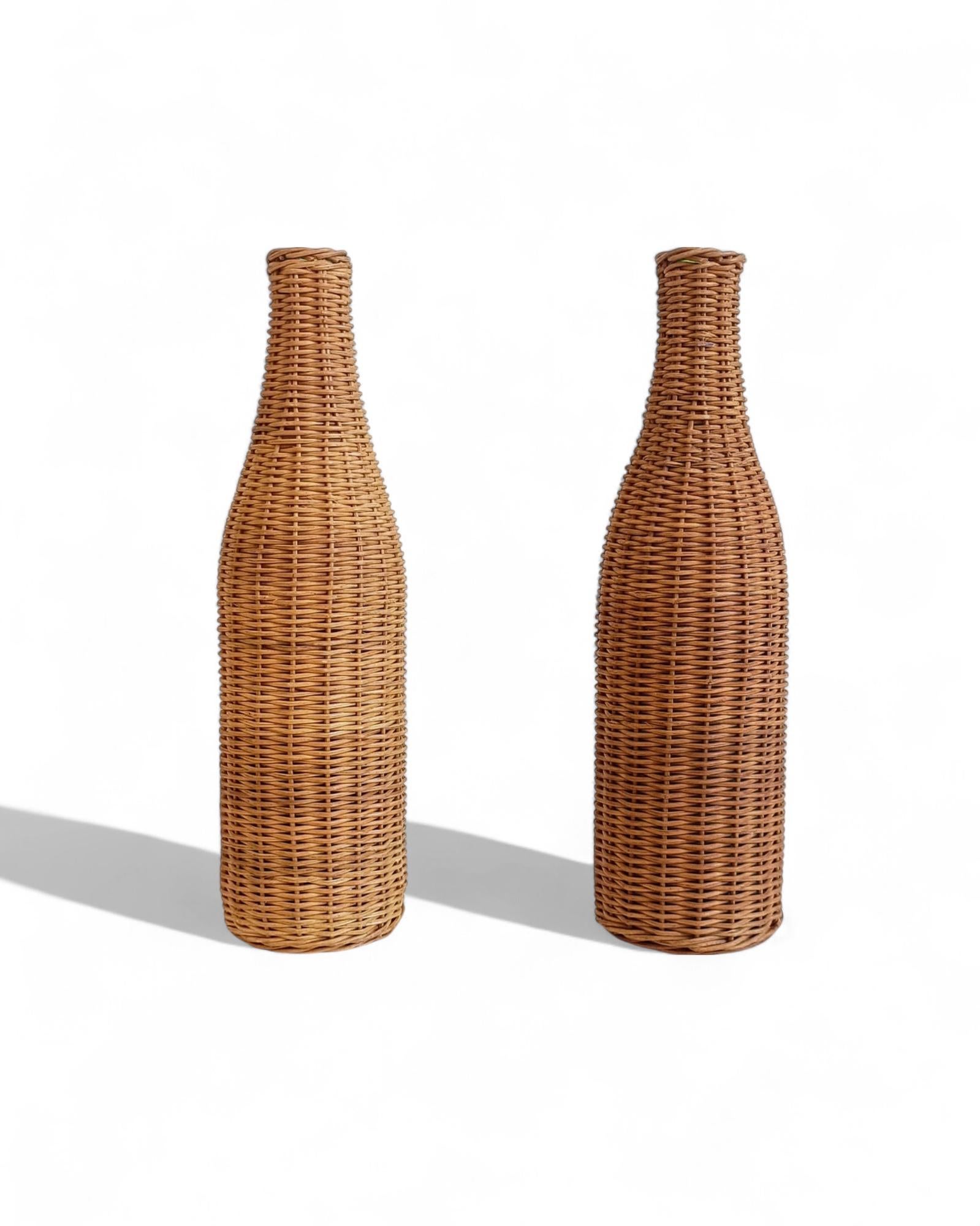 Hand-Crafted Rustic French Wicker Covering Pair of Glass Bottles, c. Mid-20th-C For Sale