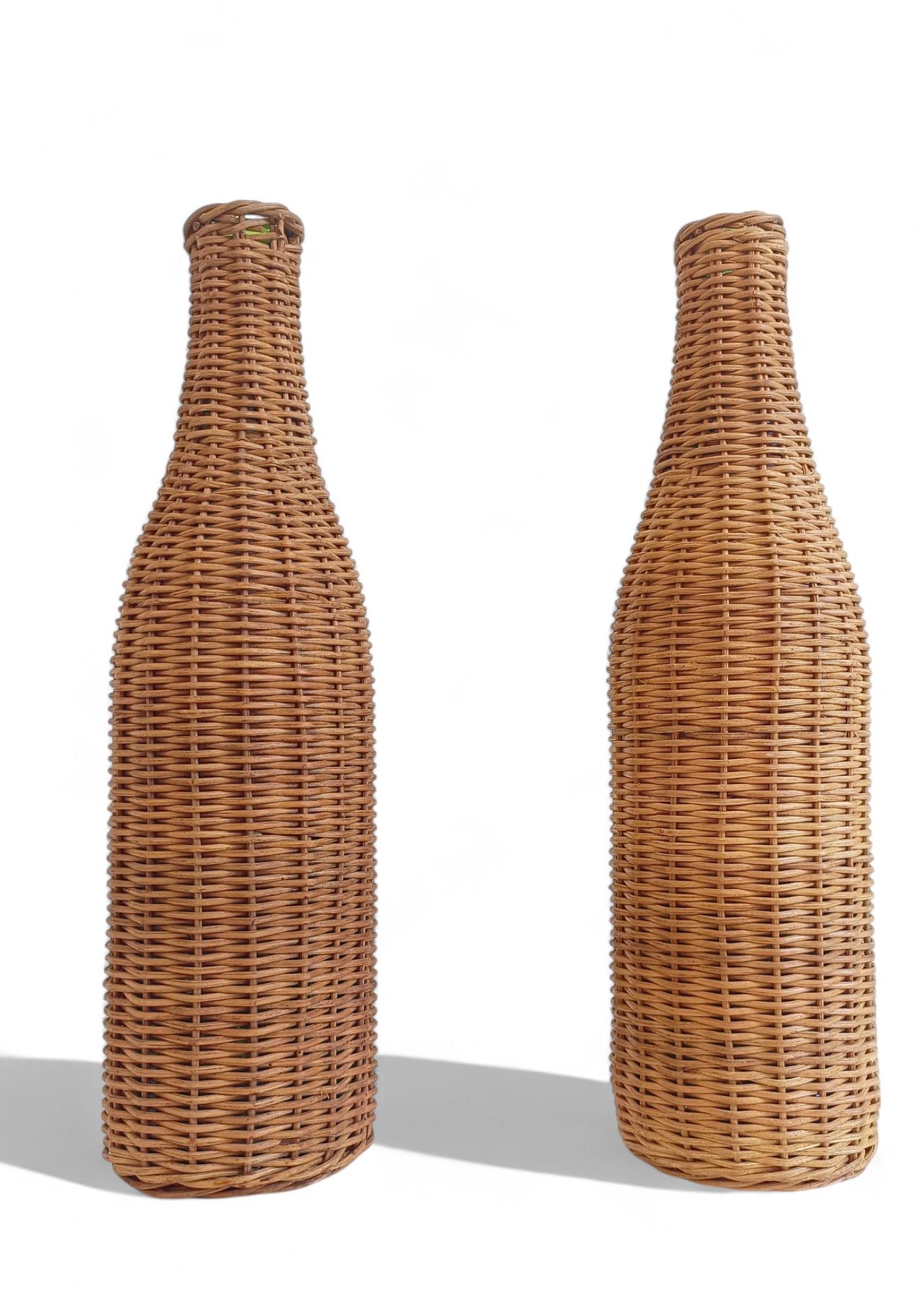 20th Century Rustic French Wicker Covering Pair of Glass Bottles, c. Mid-20th-C For Sale