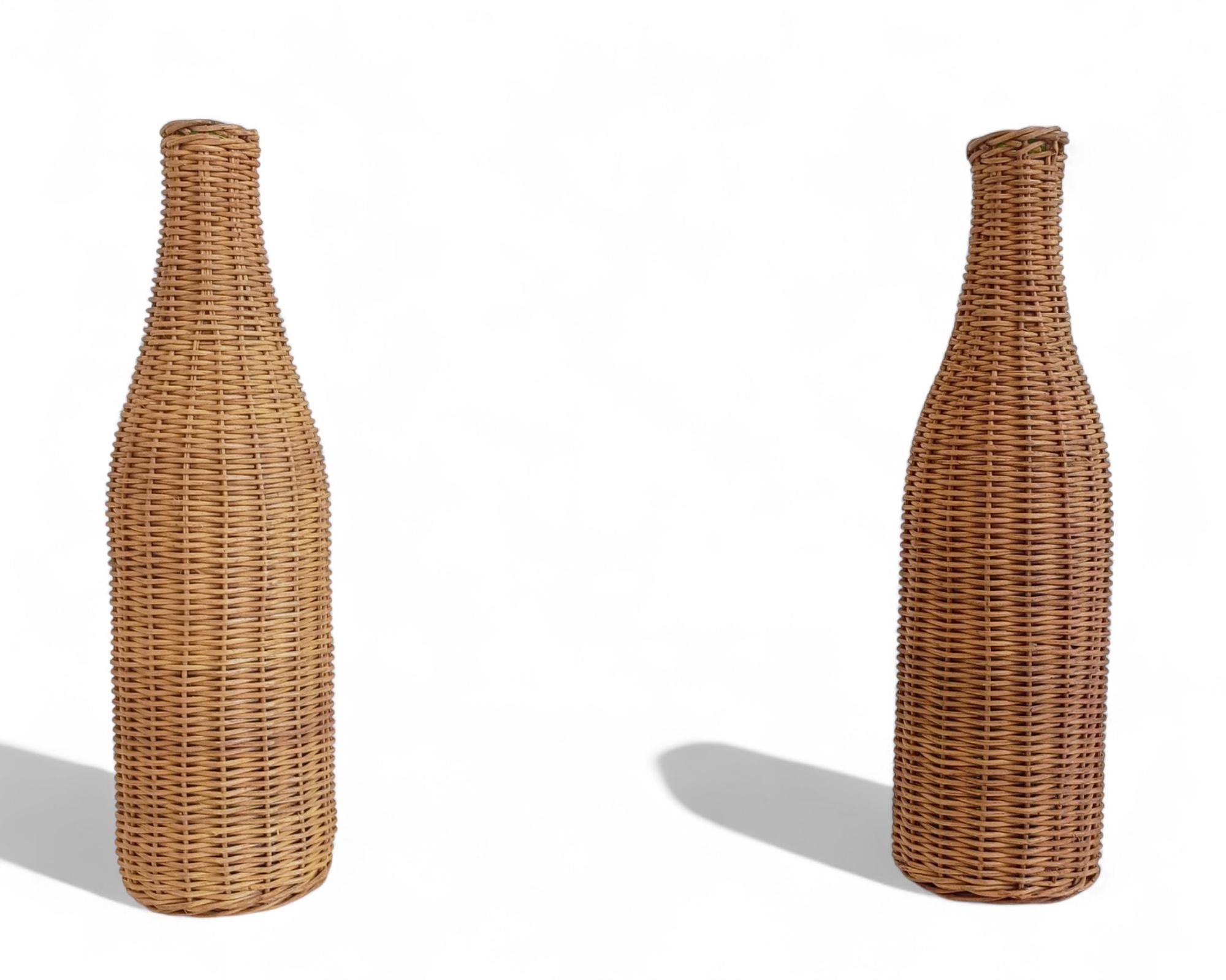 Rustic French Wicker Covering Pair of Glass Bottles, c. Mid-20th-C For Sale 1