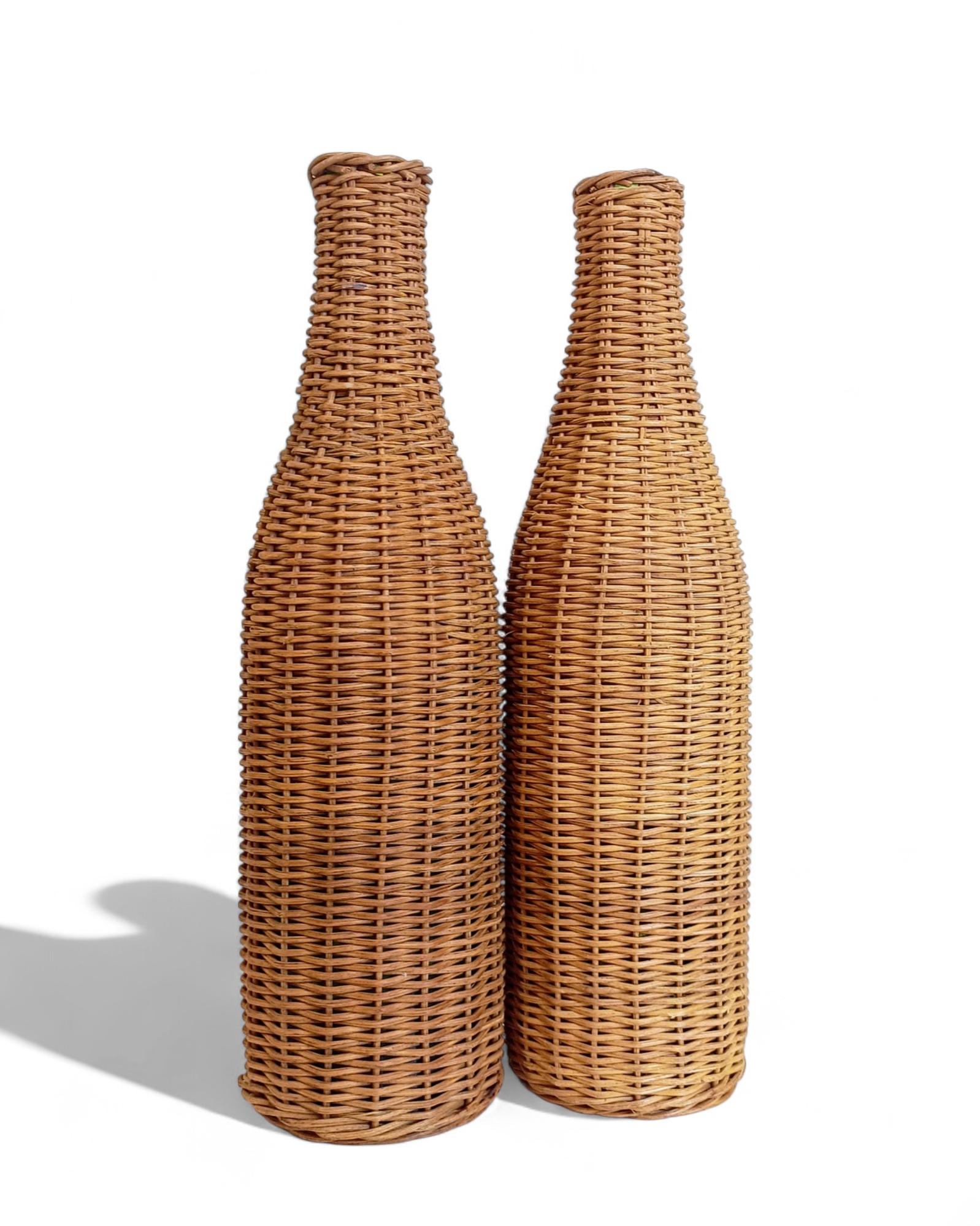 Rustic French Wicker Covering Pair of Glass Bottles, c. Mid-20th-C For Sale 2