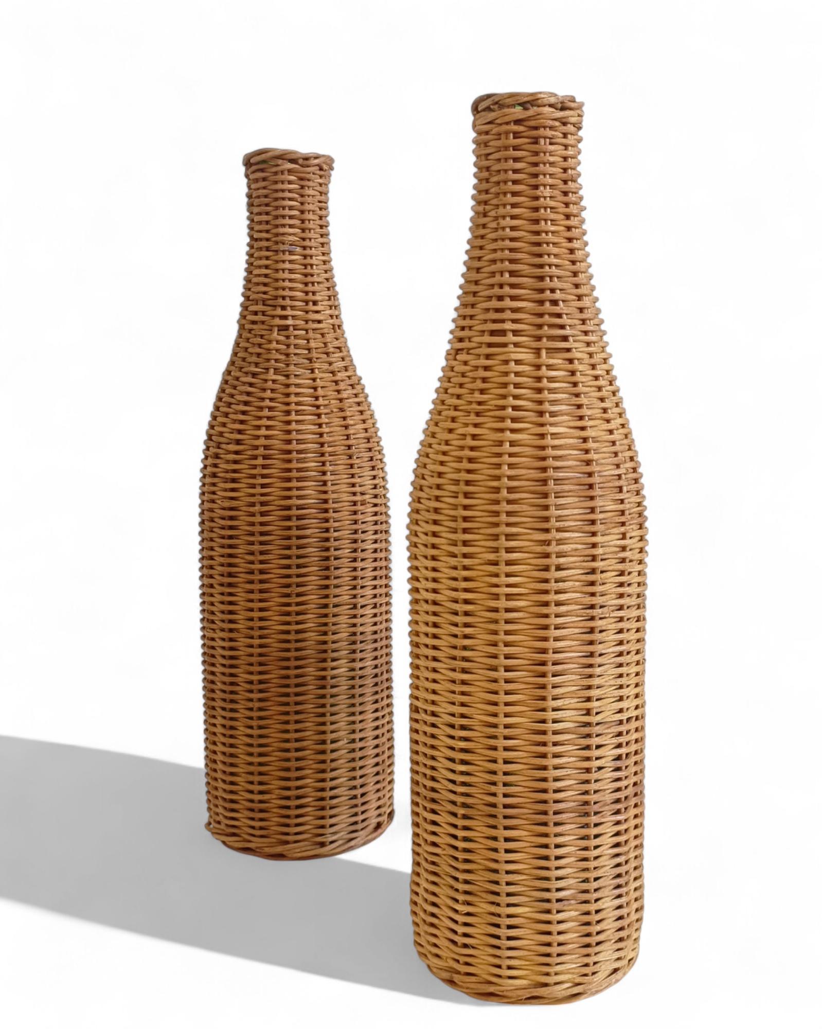 Rustic French Wicker Covering Pair of Glass Bottles, c. Mid-20th-C For Sale 4