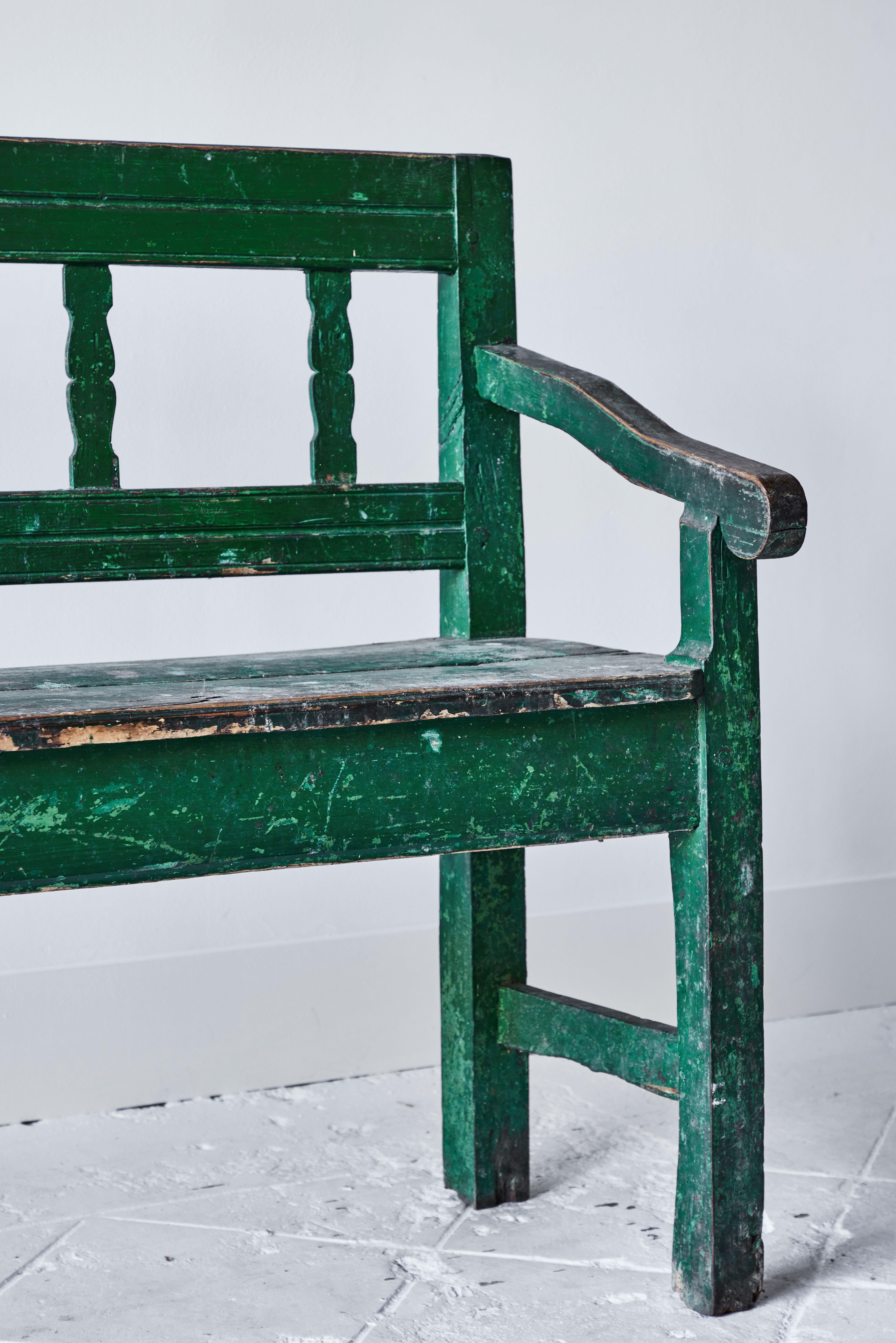 Hand-Painted Rustic French Wood Bench Painted Green