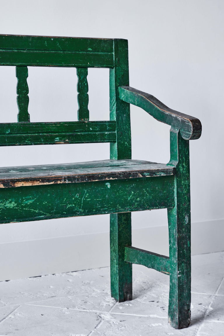 Rustic French Wood Bench Painted Green at 1stDibs