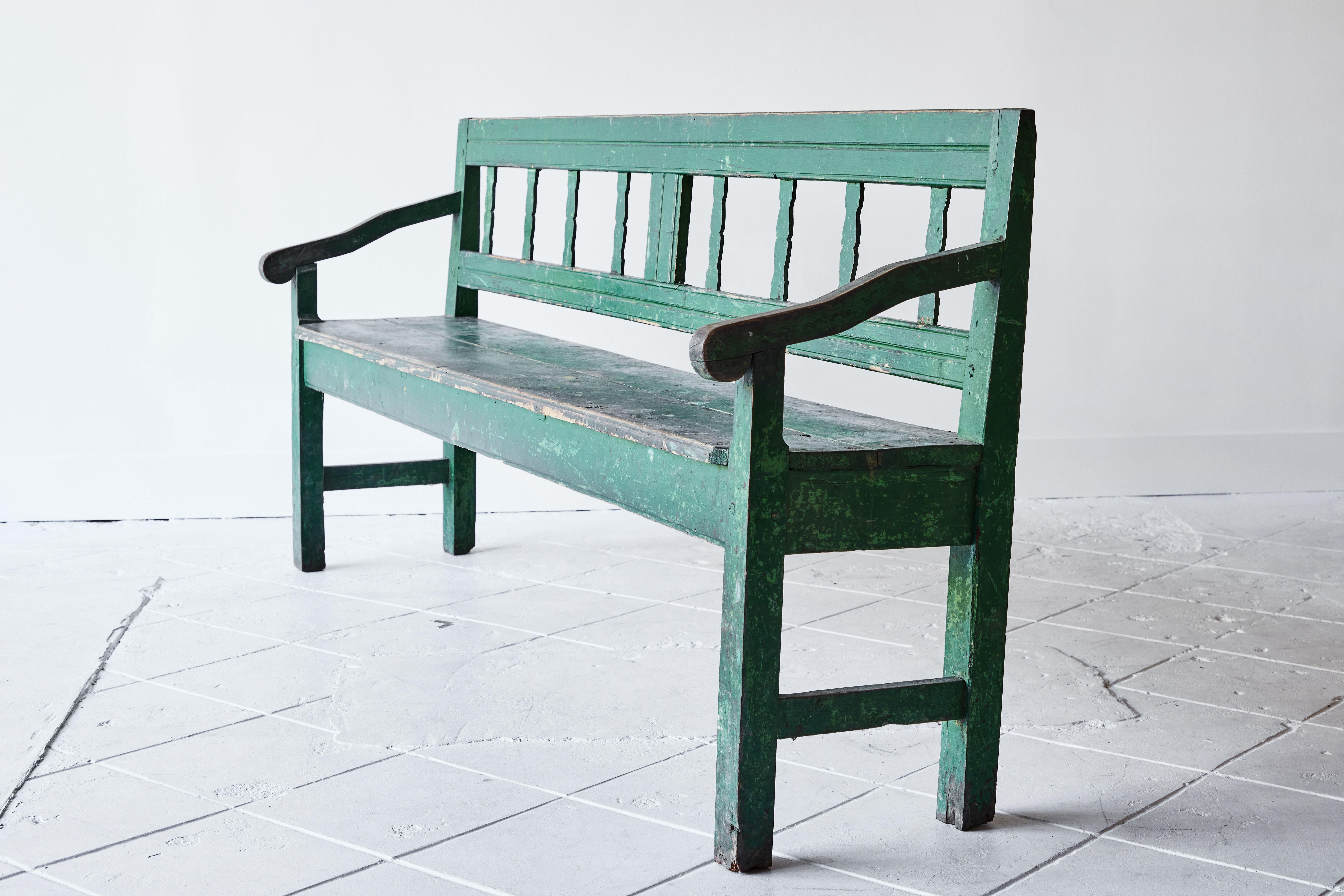 20th Century Rustic French Wood Bench Painted Green