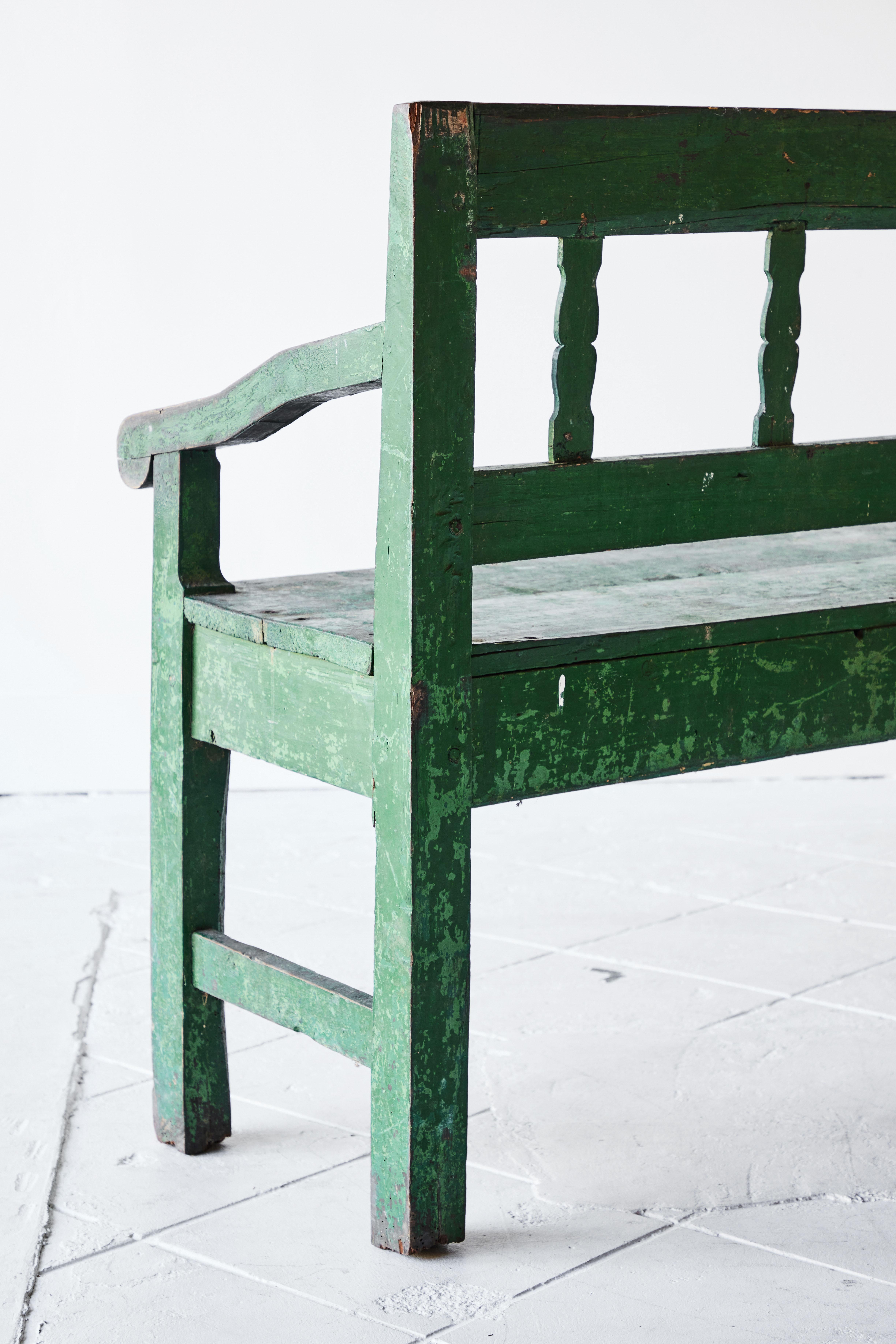 Rustic French Wood Bench Painted Green 1