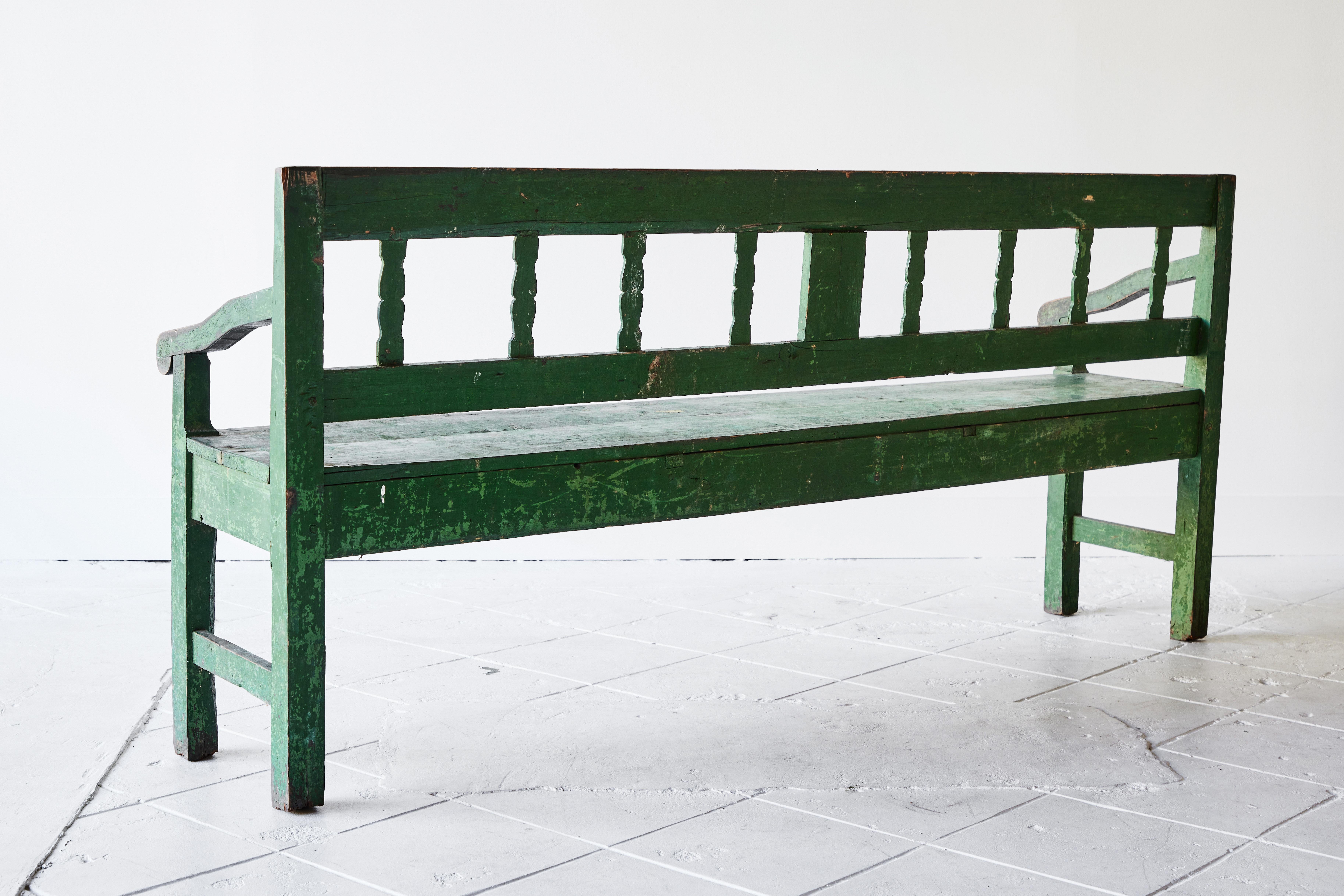 Rustic French Wood Bench Painted Green 2