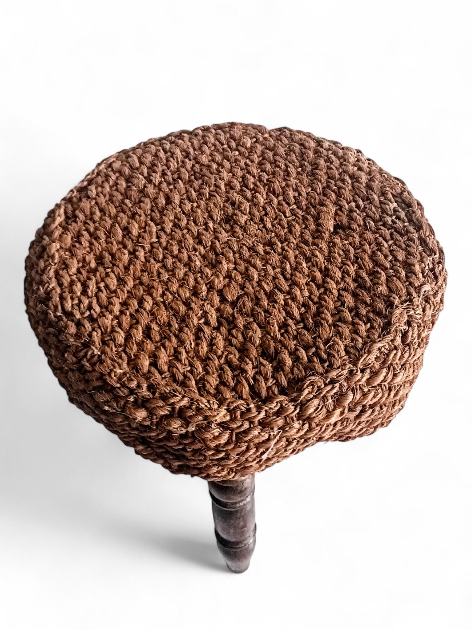 Rustic French Wood & Natural Fiber Stool/ Accent Table, Audoux-Minet Style For Sale 3