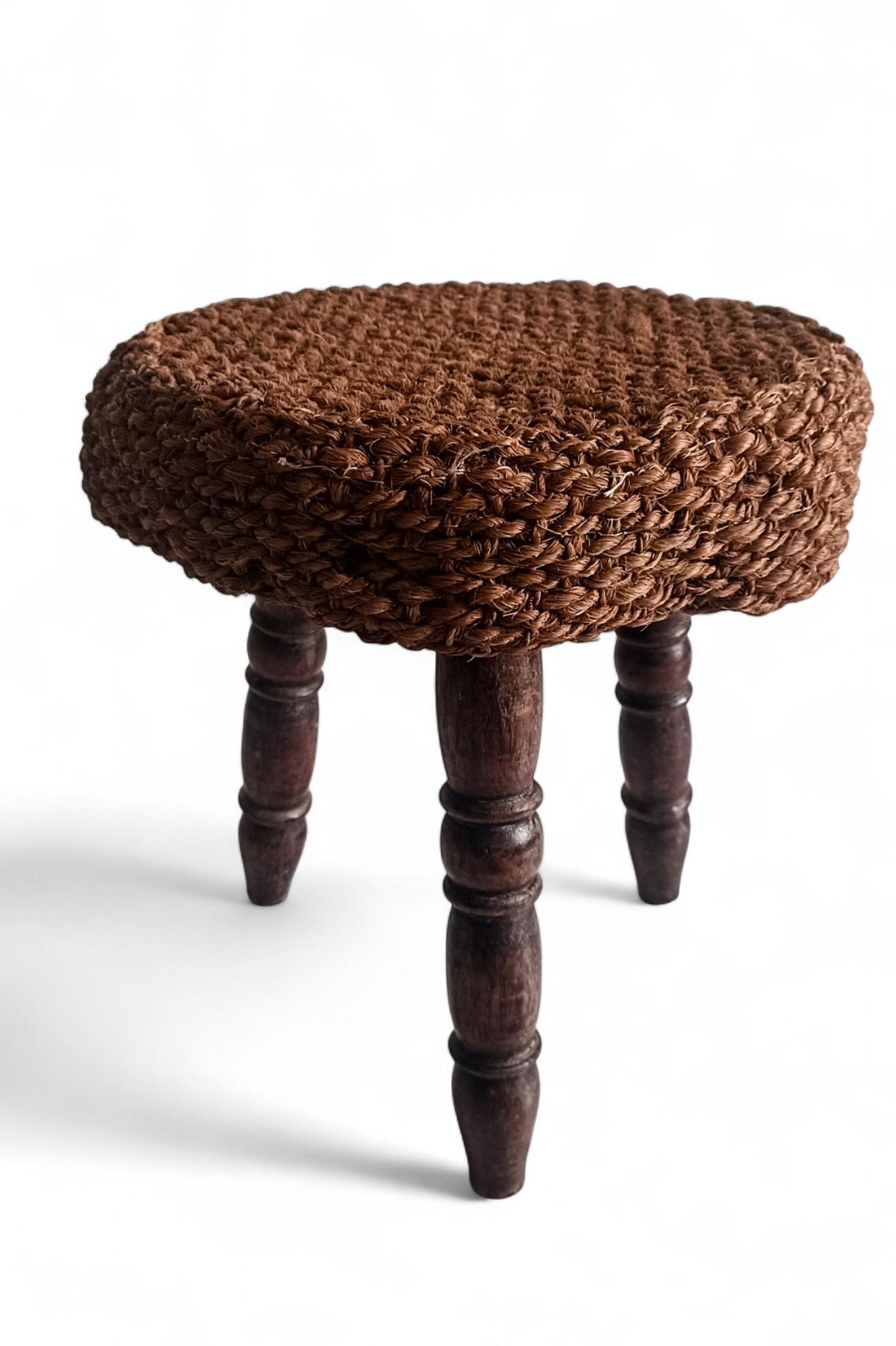 Rustic French Wood & Natural Fiber Stool/ Accent Table, Audoux-Minet Style For Sale 4