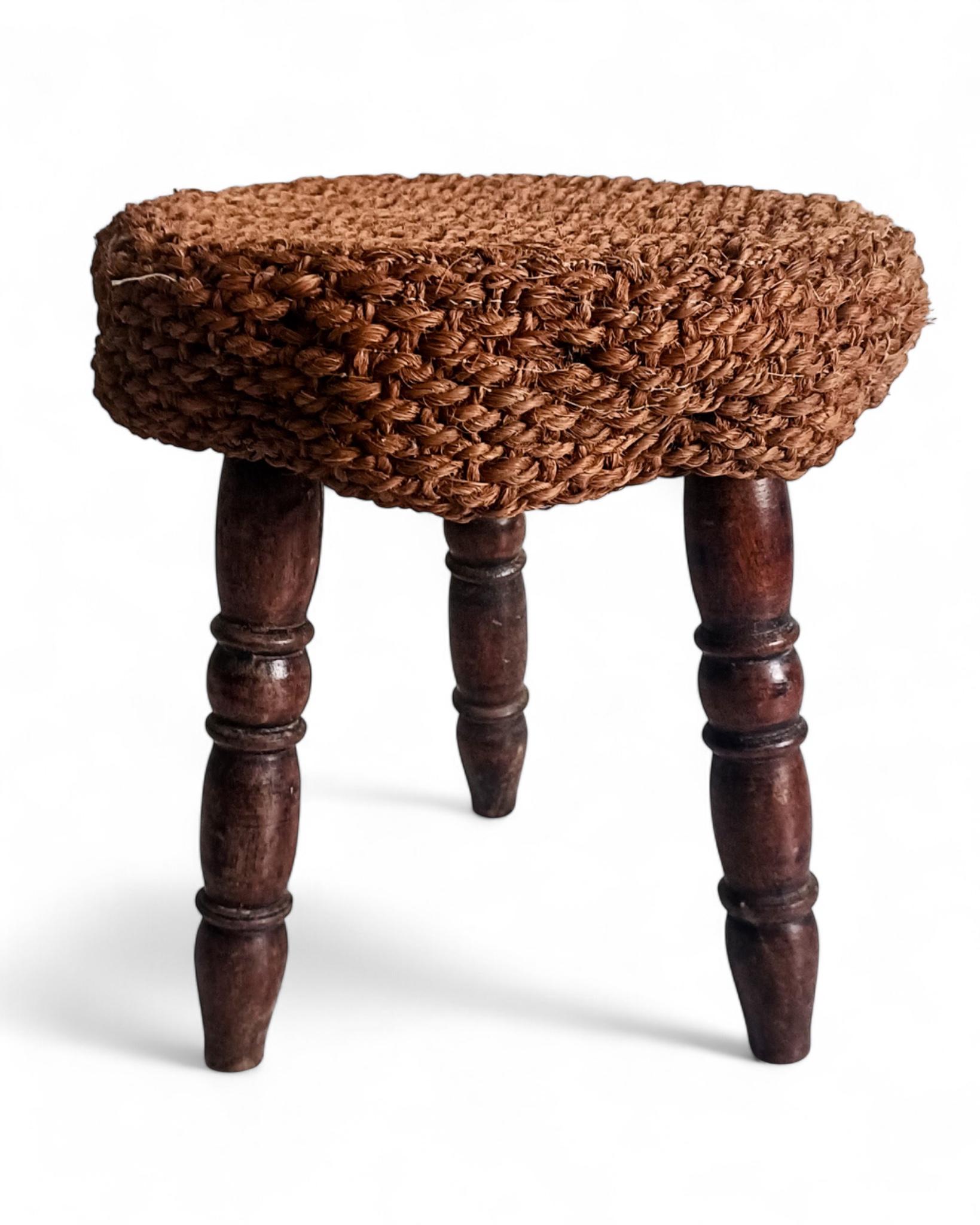 Rustic French Wood & Natural Fiber Stool/ Accent Table, Audoux-Minet Style For Sale 5