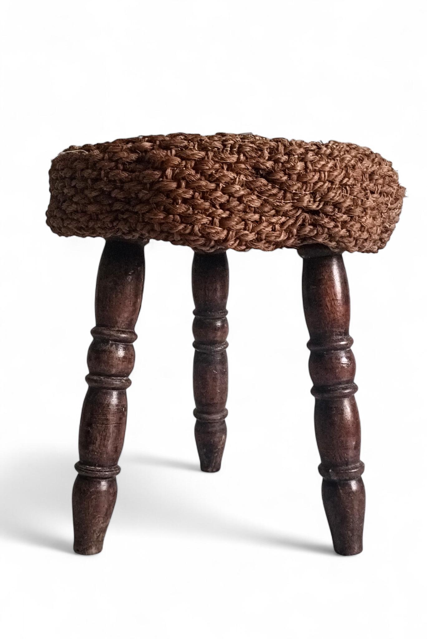 Rustic French Wood & Natural Fiber Stool/ Accent Table, Audoux-Minet Style For Sale 6