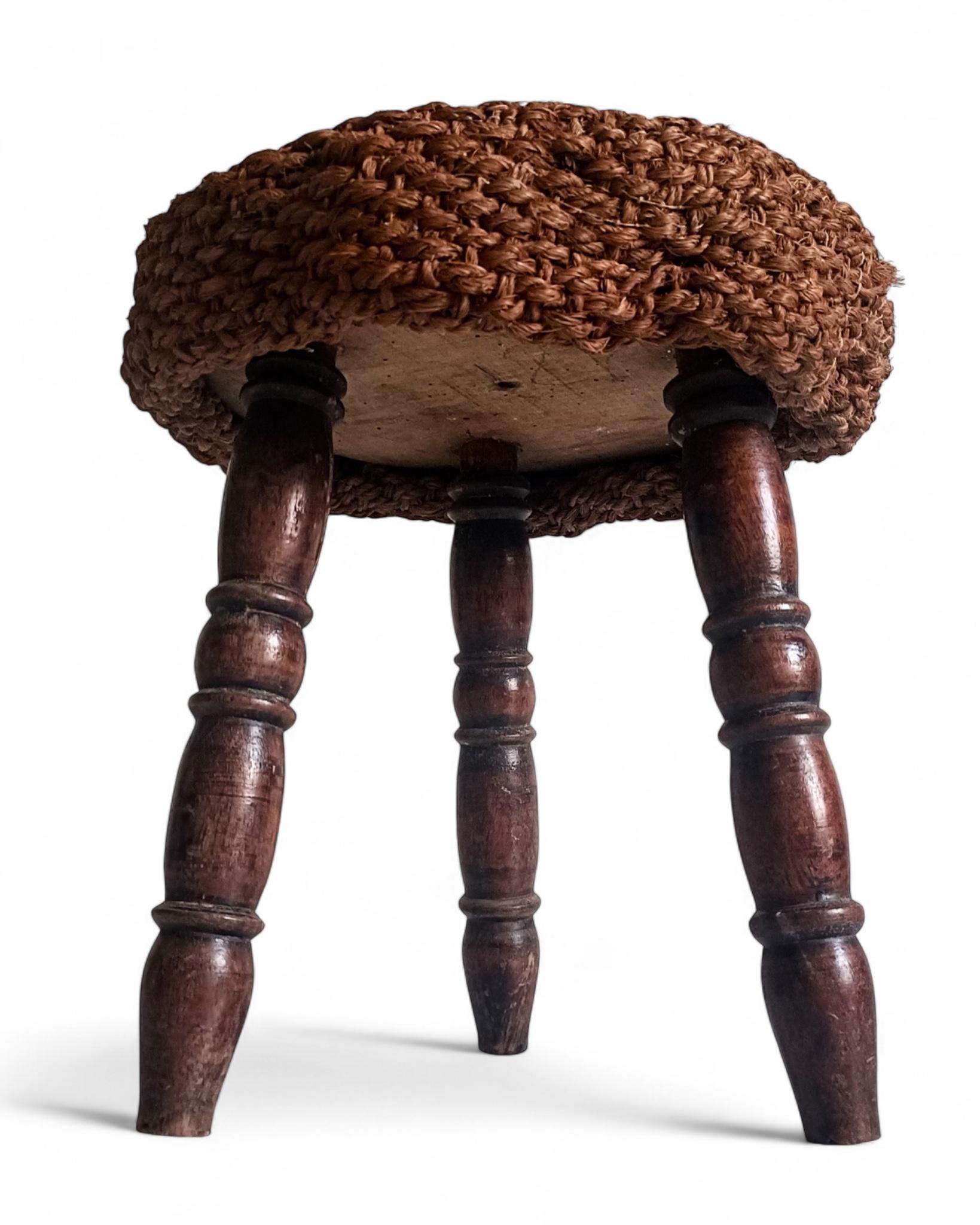 Rustic French Wood & Natural Fiber Stool/ Accent Table, Audoux-Minet Style For Sale 7
