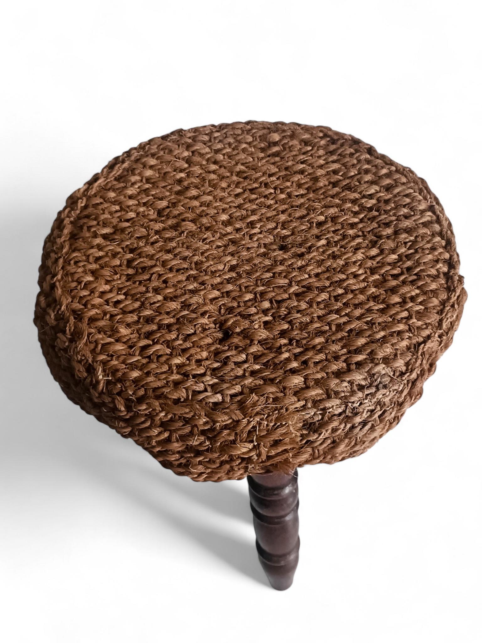Rustic French Wood & Natural Fiber Stool/ Accent Table, Audoux-Minet Style For Sale 8