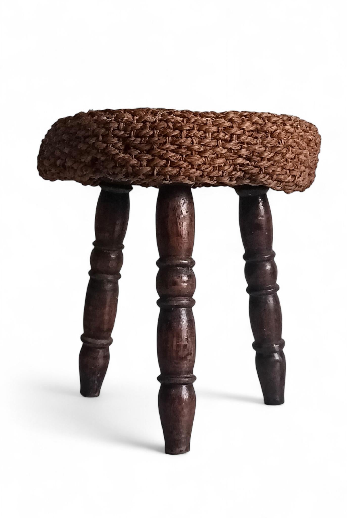 Rustic French Wood & Natural Fiber Stool/ Accent Table, Audoux-Minet Style For Sale 9
