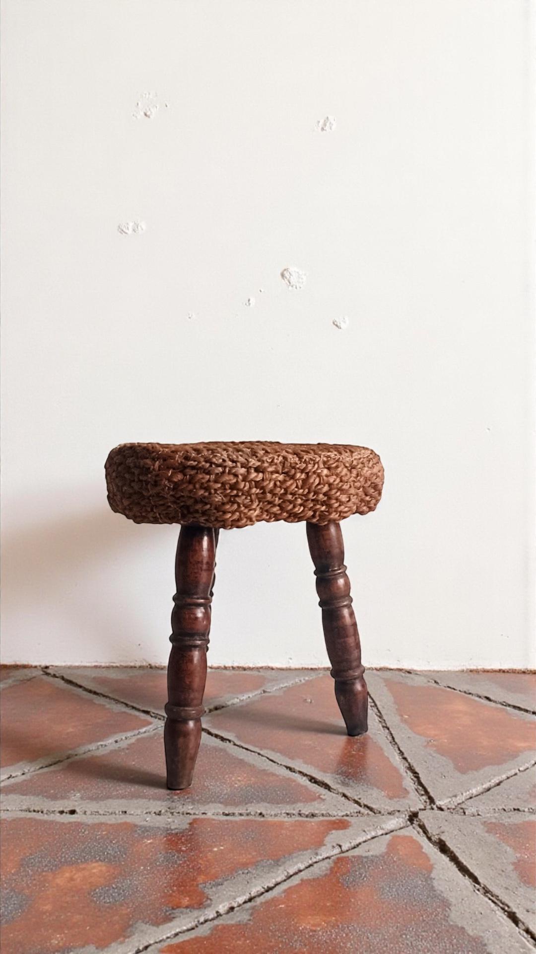 Rustic French Wood & Natural Fiber Stool/ Accent Table, Audoux-Minet Style For Sale 10