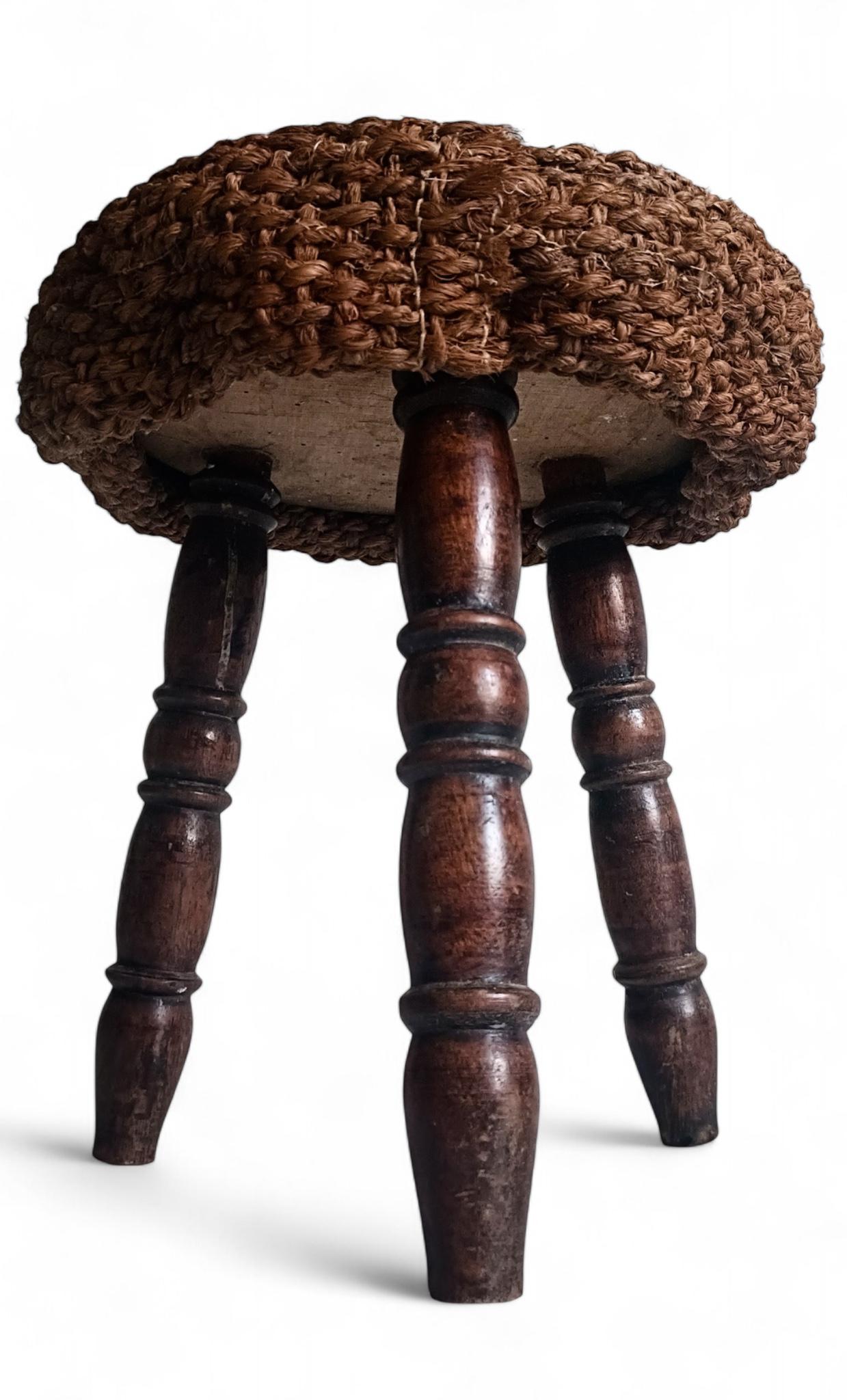 Rustic French Wood & Natural Fiber Stool/ Accent Table, Audoux-Minet Style For Sale 11