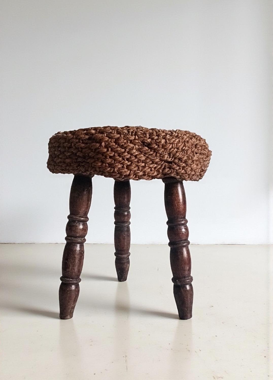Rustic French Wood & Natural Fiber Stool/ Accent Table, Audoux-Minet Style For Sale 12