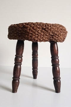 Rustic French Wood & Natural Fiber Stool/ Accent Table, Audoux-Minet Style