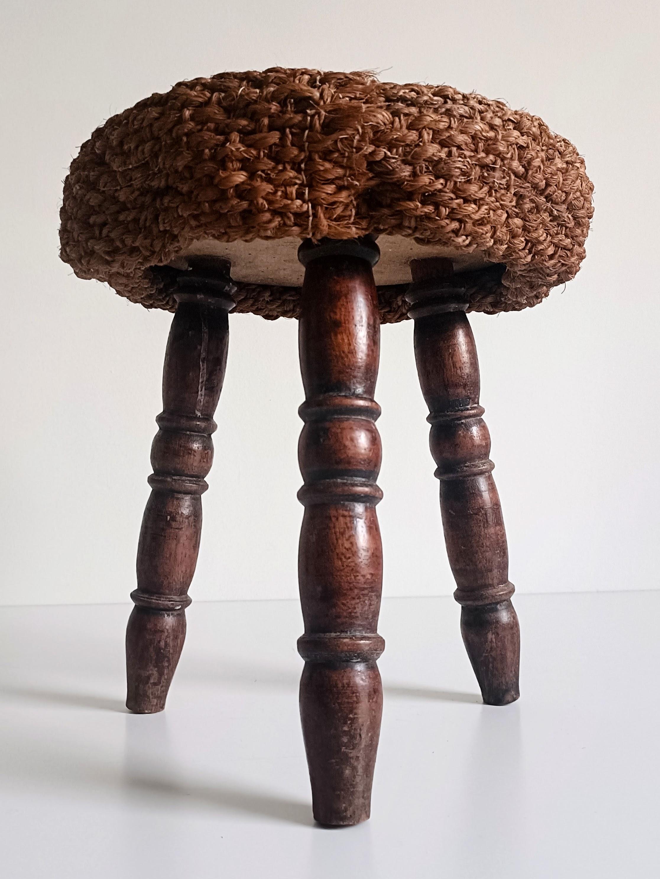 Mid-Century Modern Rustic French Wood & Natural Fiber Stool/ Accent Table, Audoux-Minet Style For Sale