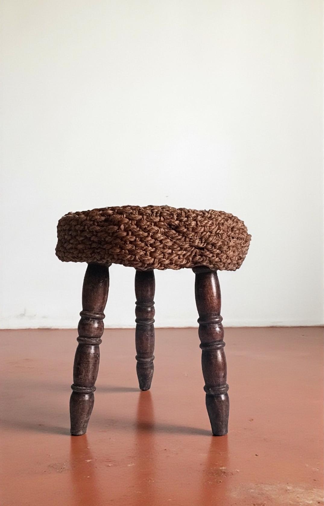 Hand-Crafted Rustic French Wood & Natural Fiber Stool/ Accent Table, Audoux-Minet Style For Sale