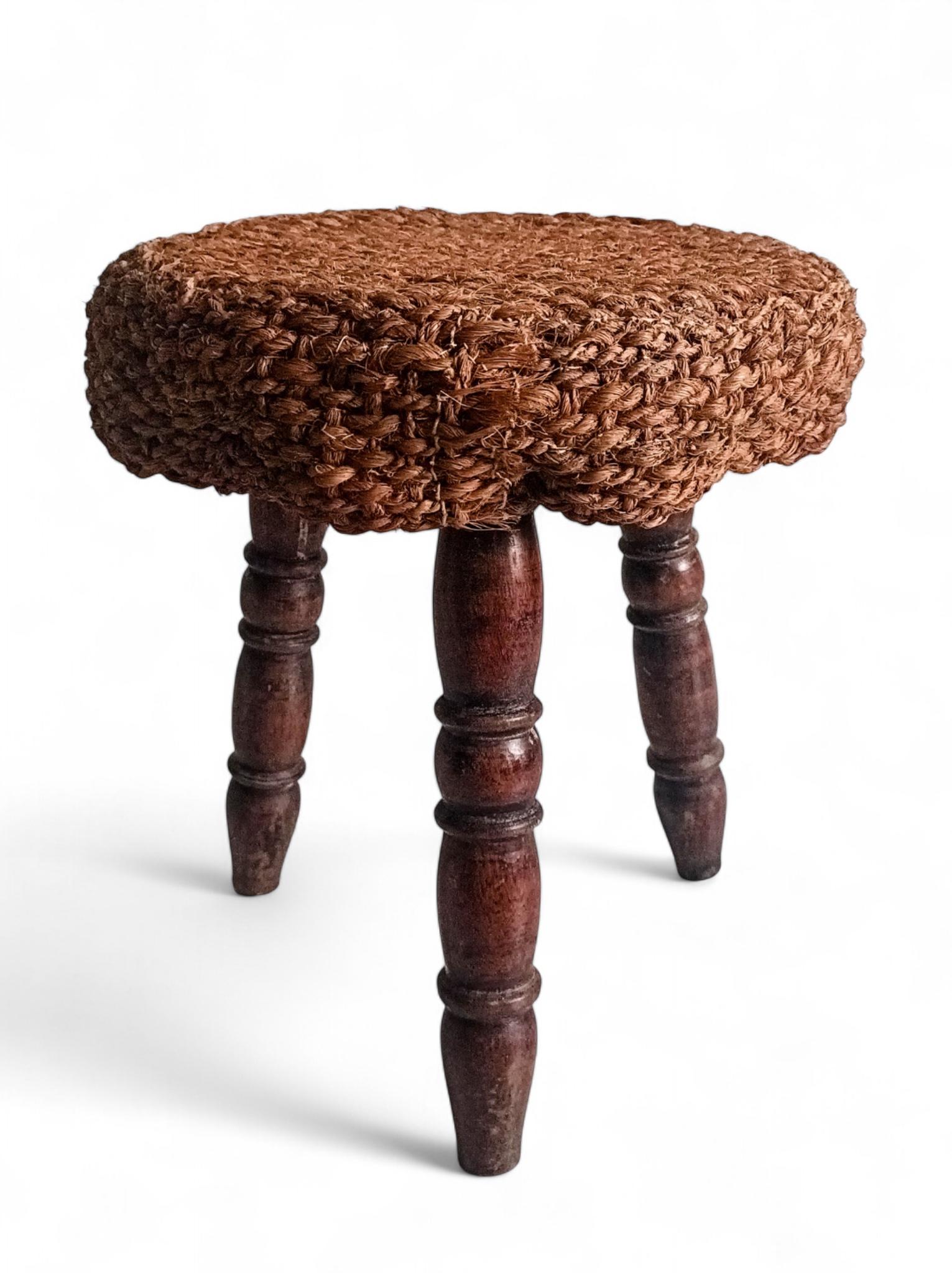20th Century Rustic French Wood & Natural Fiber Stool/ Accent Table, Audoux-Minet Style For Sale