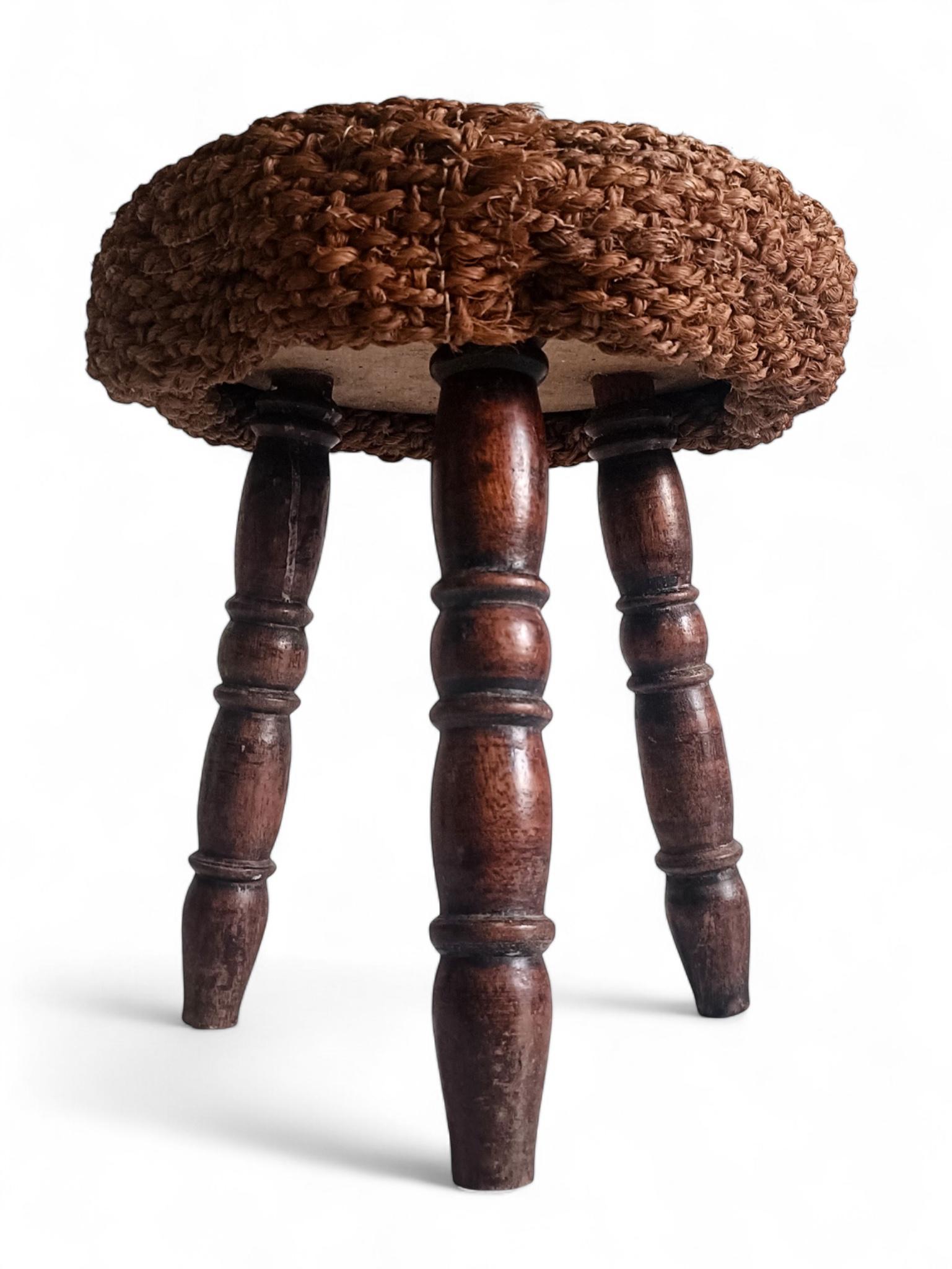 Hemp Rustic French Wood & Natural Fiber Stool/ Accent Table, Audoux-Minet Style For Sale