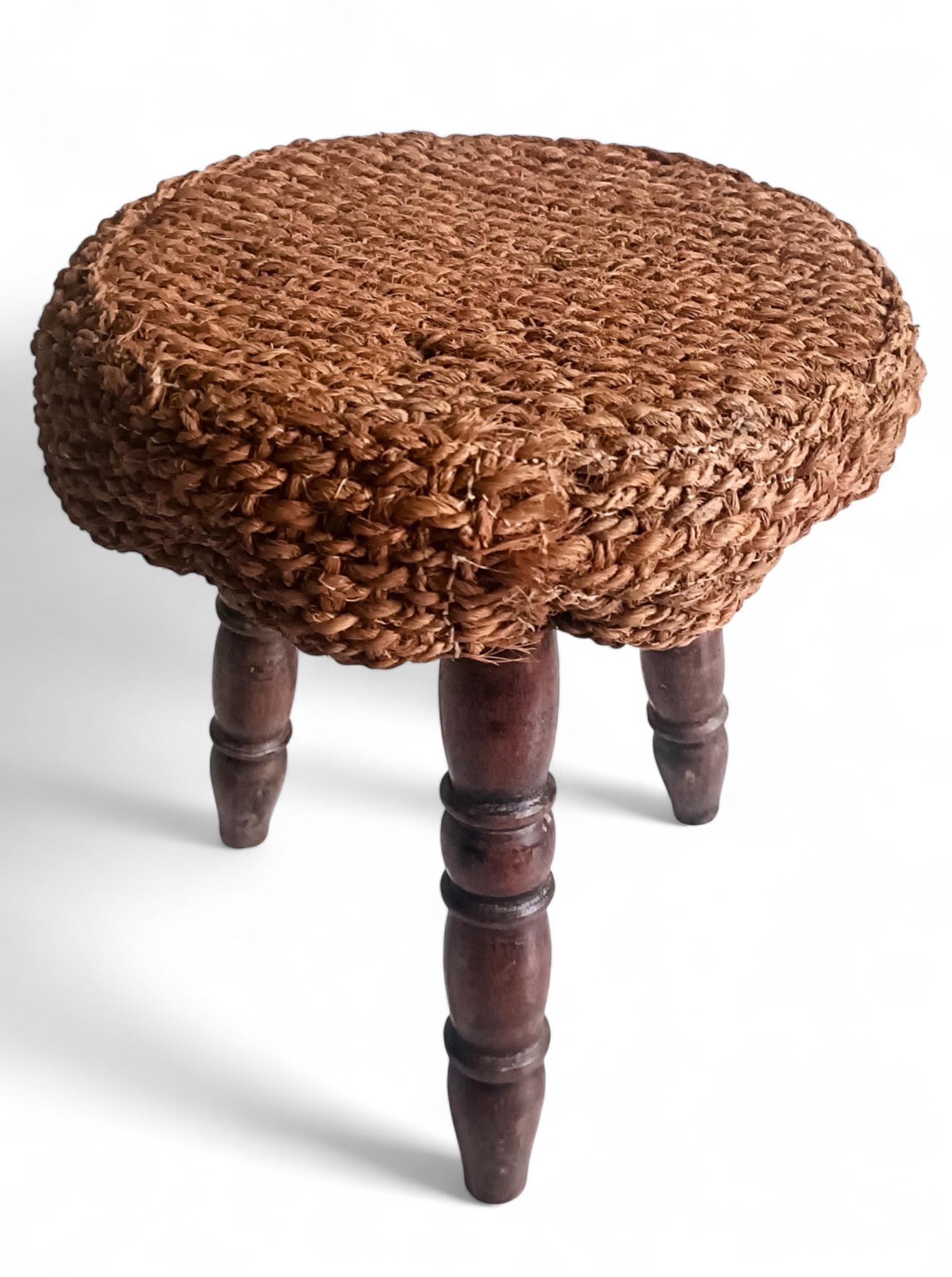 Rustic French Wood & Natural Fiber Stool/ Accent Table, Audoux-Minet Style For Sale 1