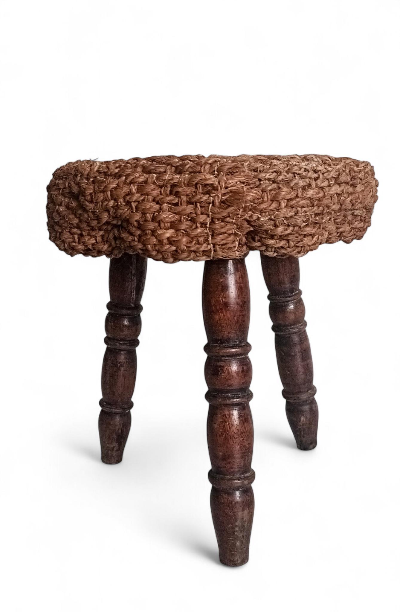 Rustic French Wood & Natural Fiber Stool/ Accent Table, Audoux-Minet Style For Sale 2
