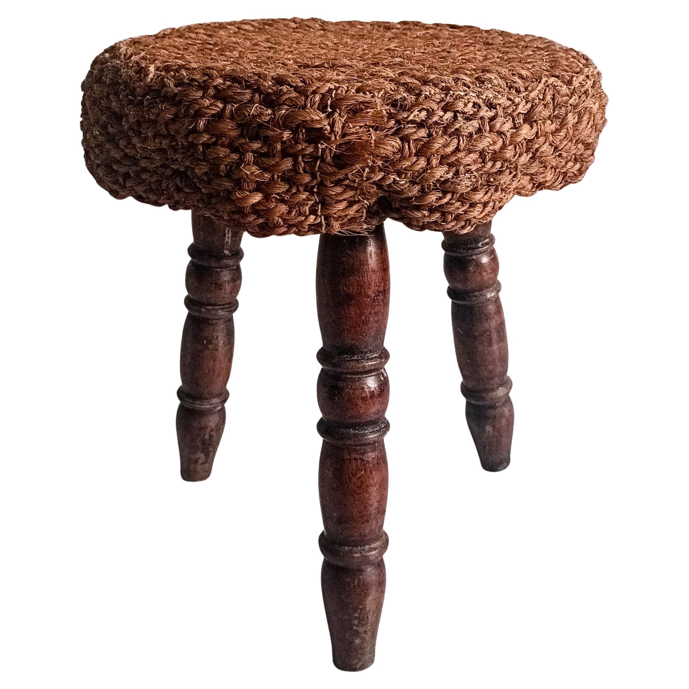 Rustic French Wood & Natural Fiber Stool/ Accent Table, Audoux-Minet Style For Sale