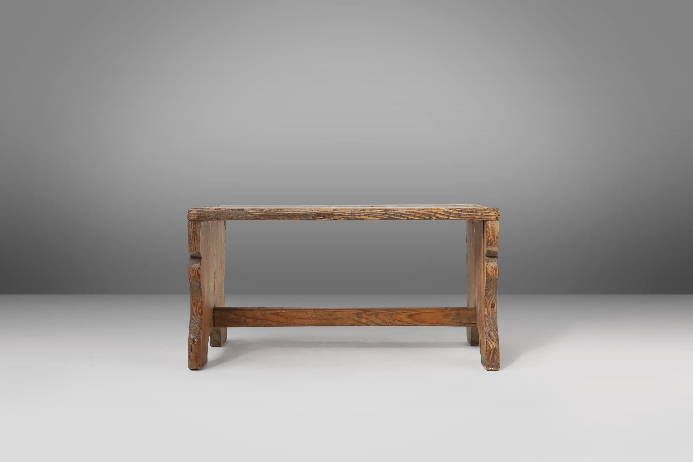 Industrial Rustic French wooden stool with beautiful patina, ca. 1900 For Sale