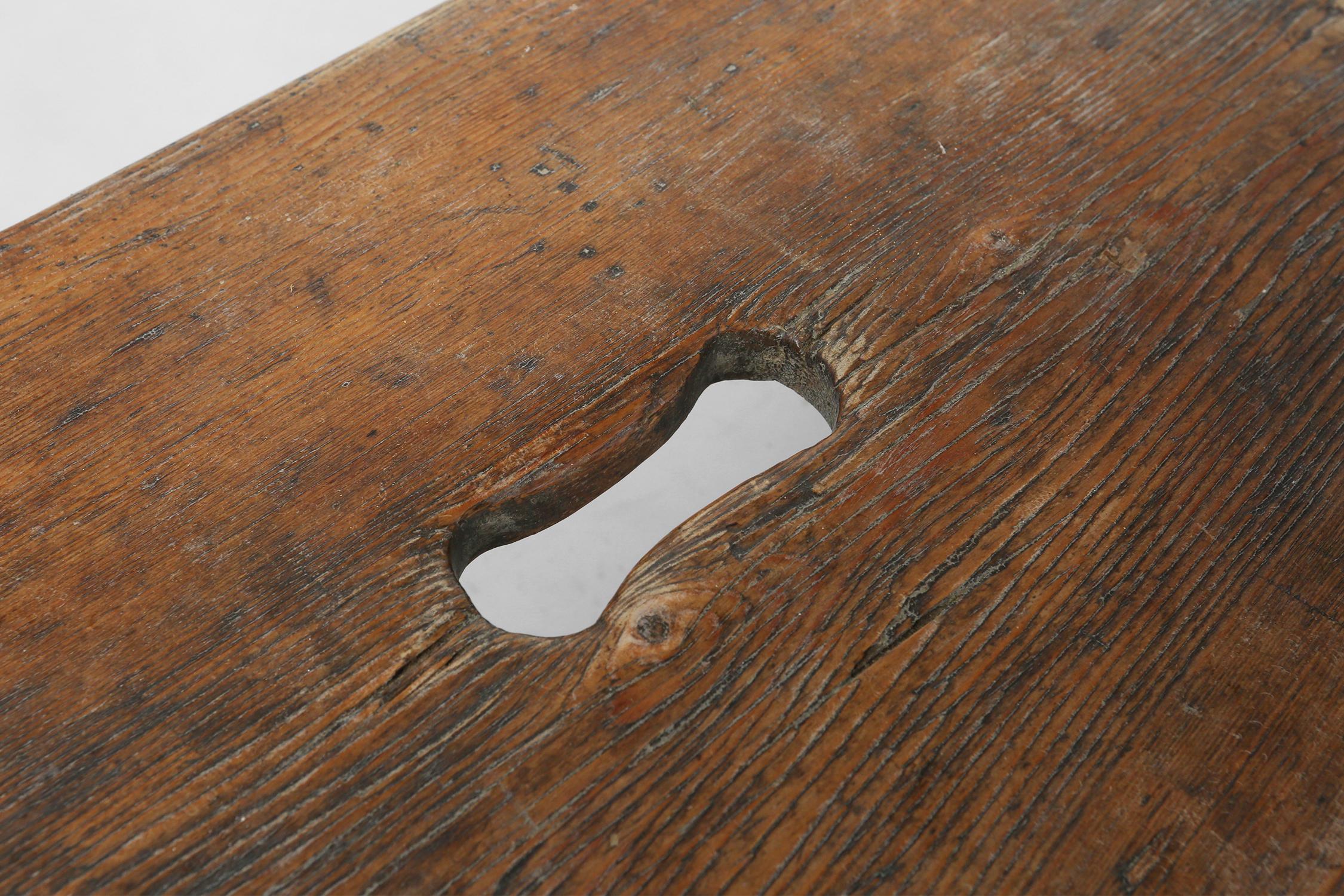 Wood Rustic French wooden stool with beautiful patina, ca. 1900 For Sale