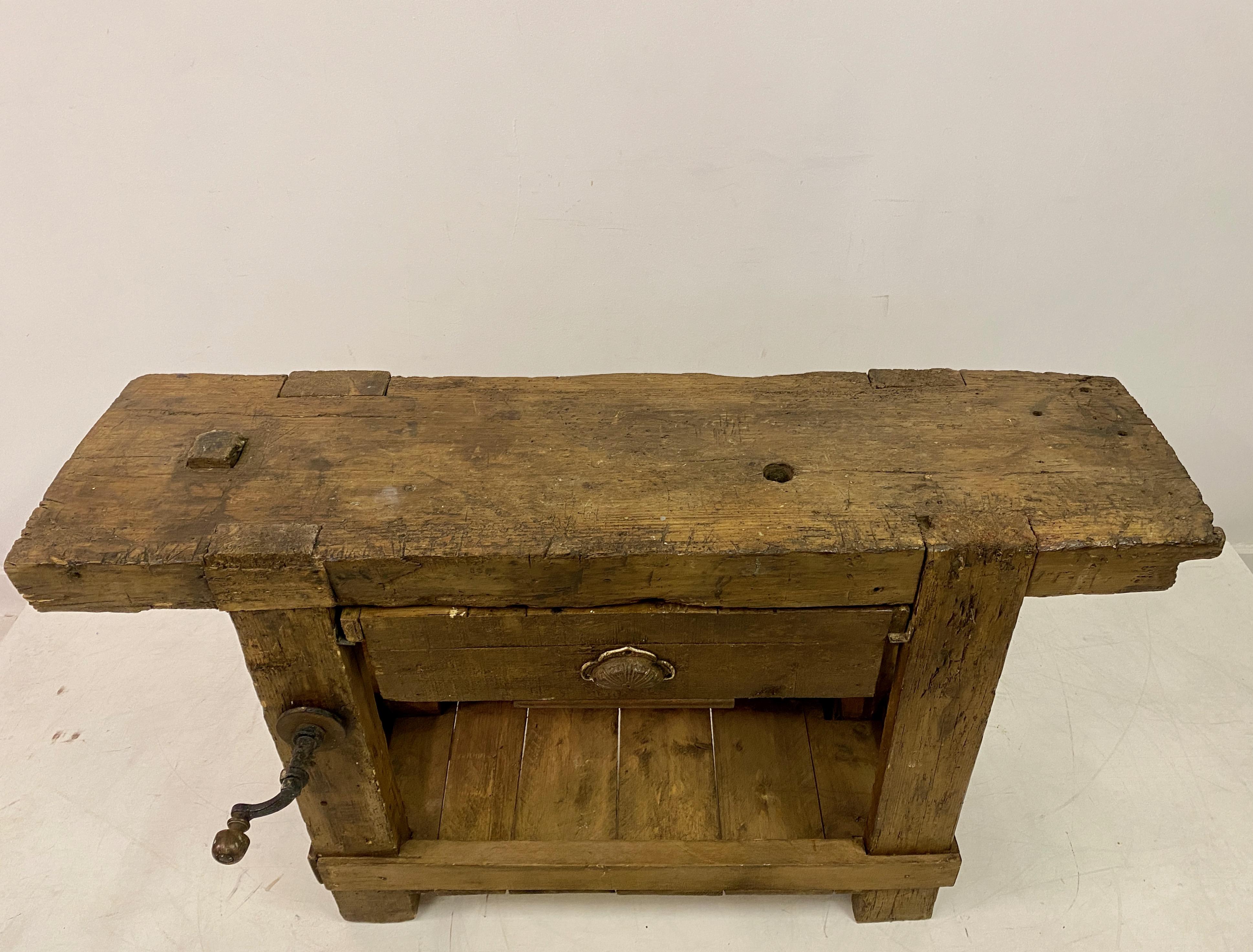 Wood Rustic French Work Bench Console Table For Sale