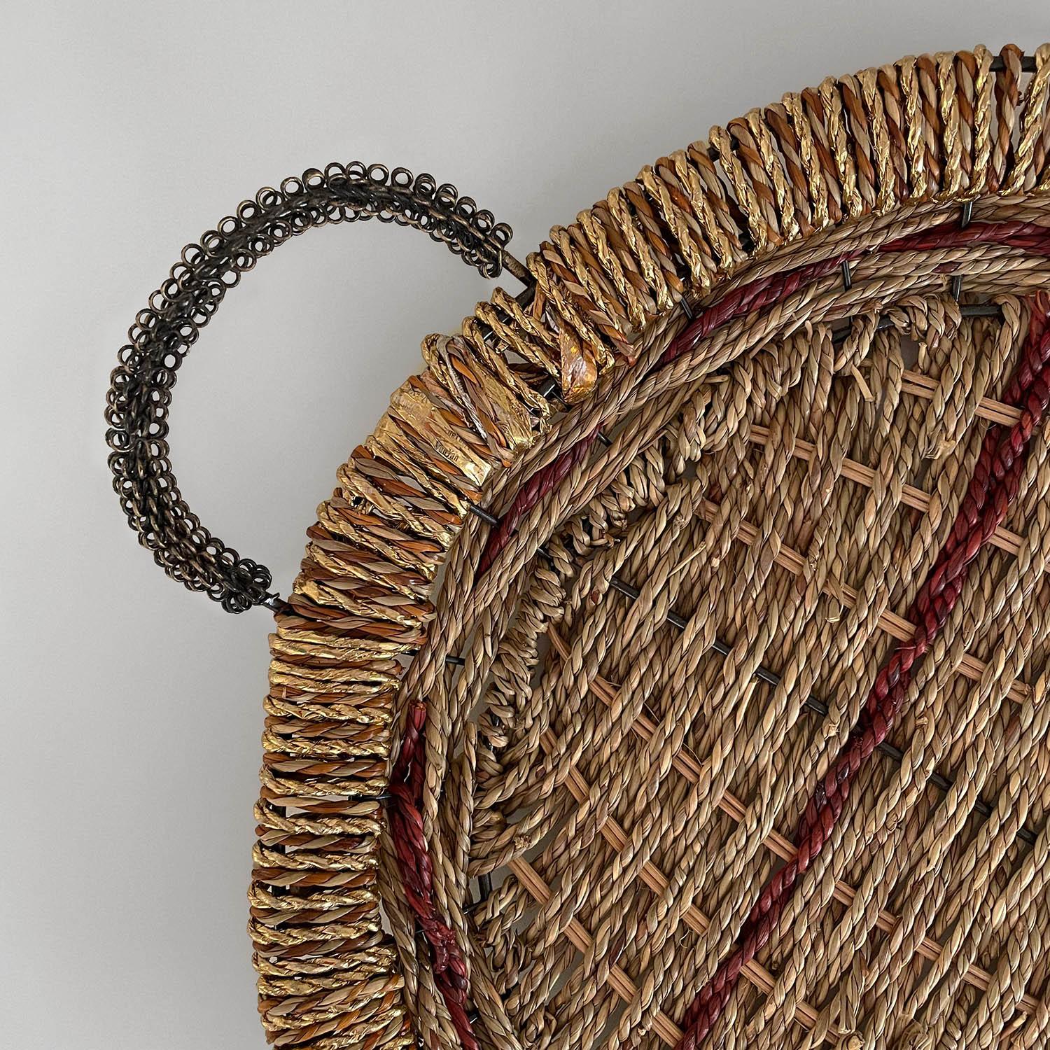 Rustic French woven tray
Beautifully woven jute and metallic threads over a wrought iron frame
Delicately braided steel coil handles
Neutral tones with accents of red and gold
Wonderful addition to any surface
Patina from age and use