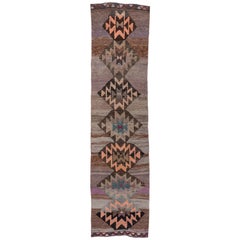 Rustic & Funky Retro Turkish Kars Runner, Gray & Brown Field, Orange Accents