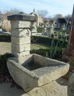 Rustic Garden Fountain with Antique Laundry Sink and Pediment in Stone, Provence