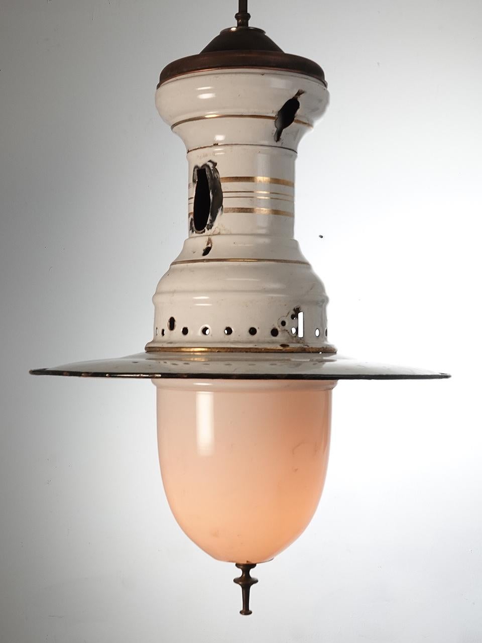 Industrial Rustic Gas Lamp with Deep Milk Glass Shade