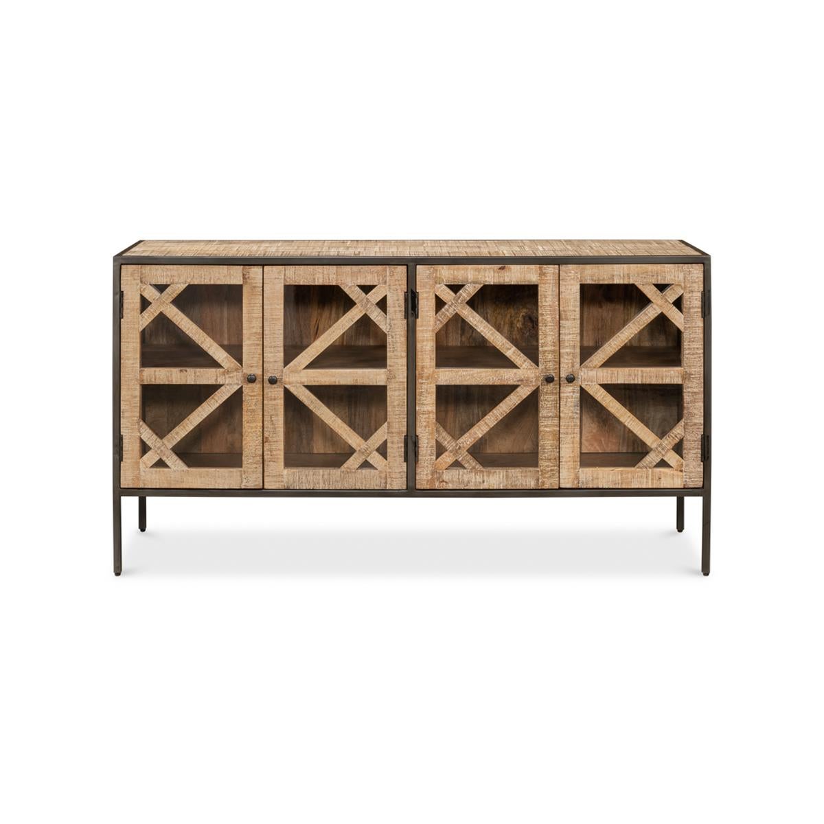Rustic Geometric sideboard, with a graphic wood overlay pattern covering all four glass doors in a highly durable sienna finish, is a classic focal point for any room in the home. The four-door cabinet is fitted with interior shelves and has an iron