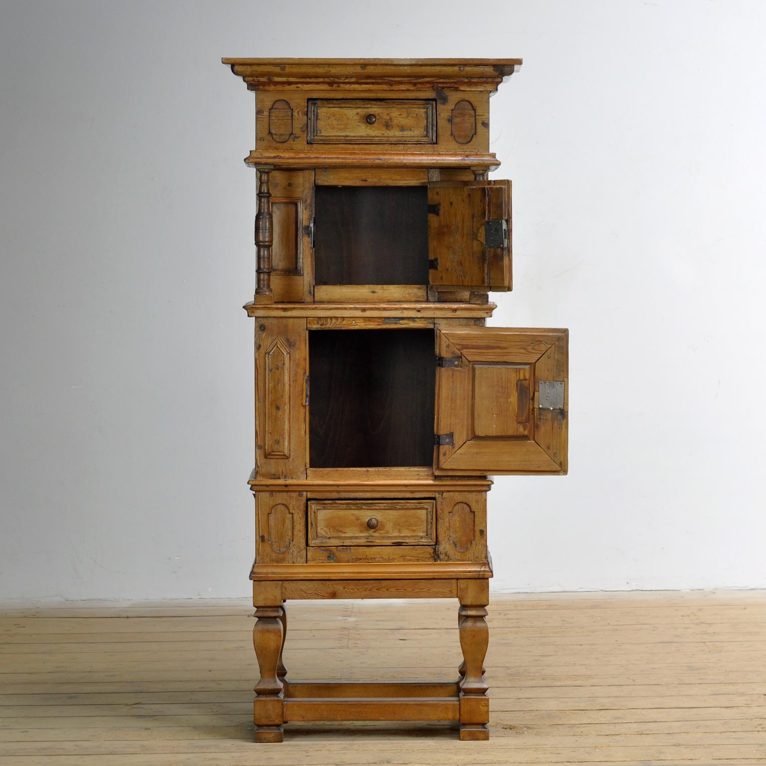 Wrought Iron Rustic German pine and oak cabinet, circa 1850 For Sale