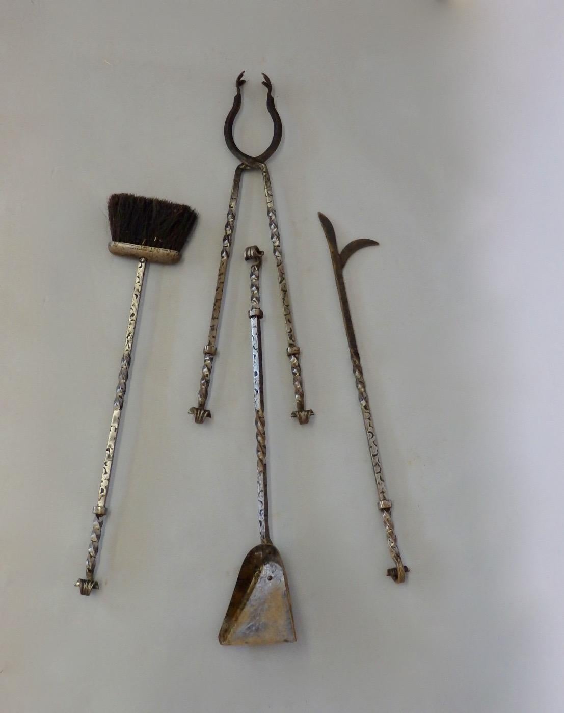 Rustic Gothic Style Four-Piece Wrought Iron Fire Tool Set on Stand For ...